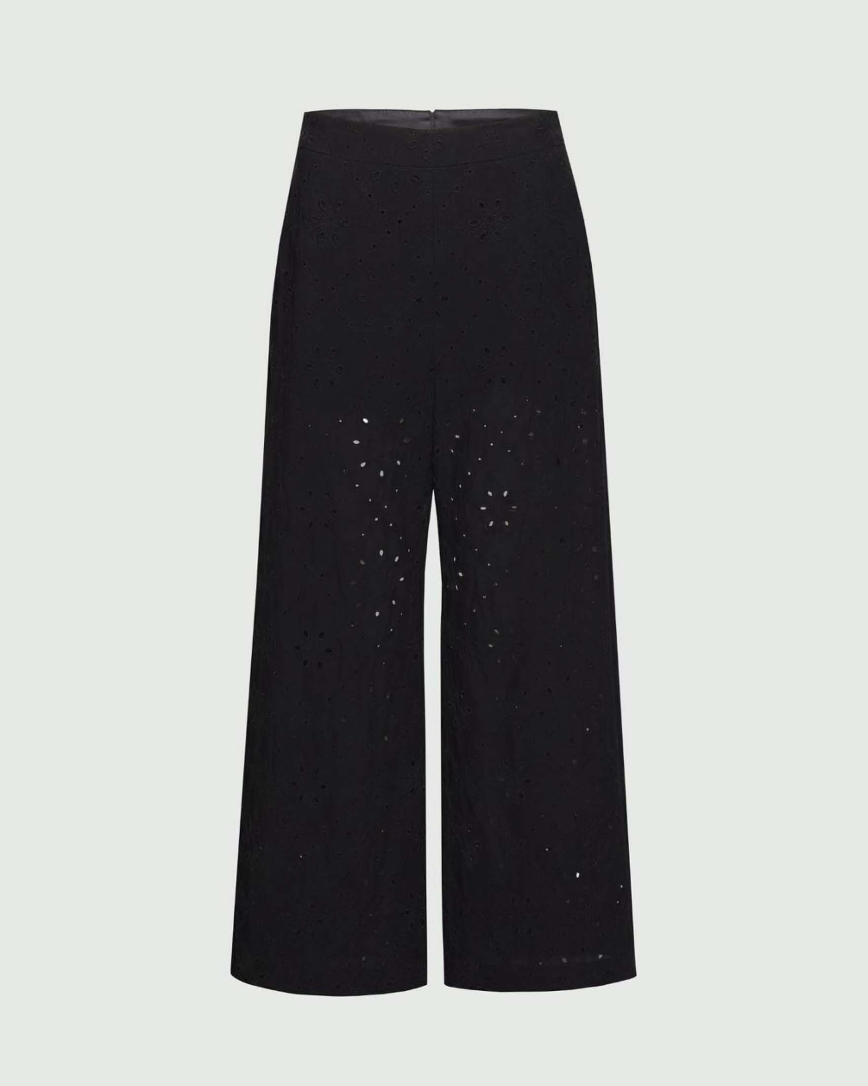Pantaloni culotte Marella nero in mussola di cotone con ricamo sangallo