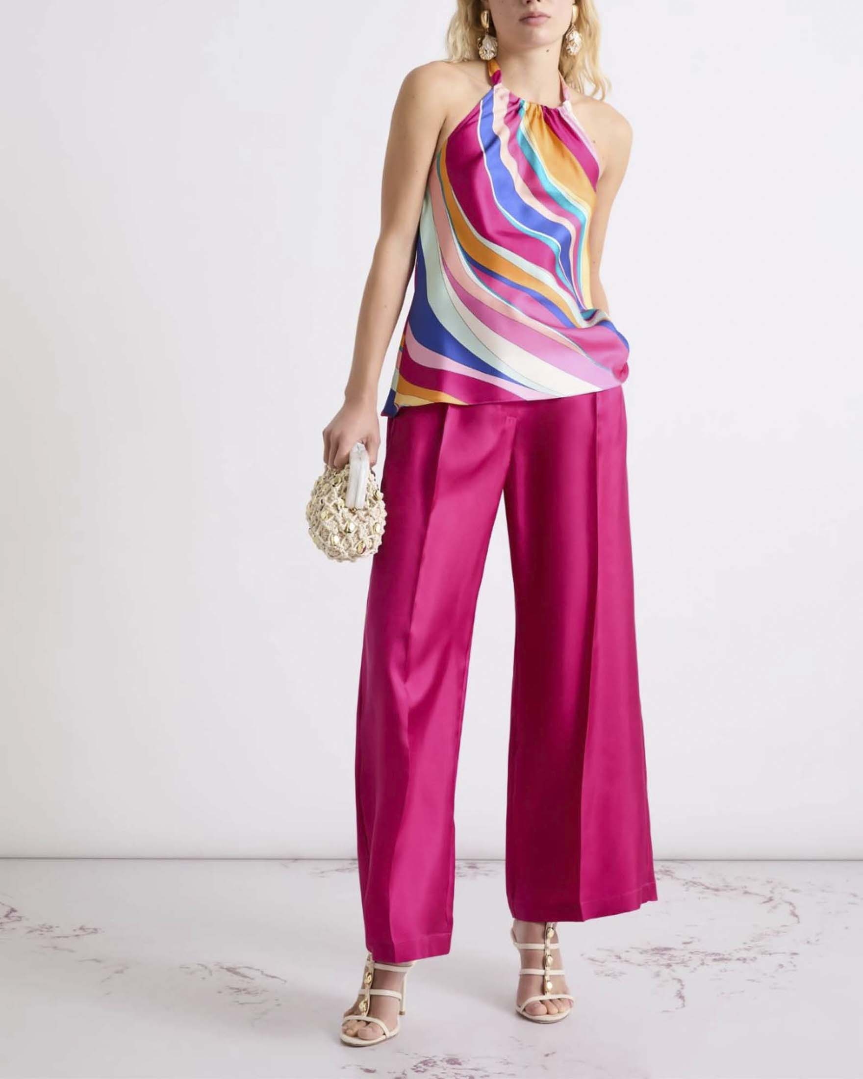 Pantaloni a palazzo Marella fucsia in twill di pura seta con pince sul davanti e piega stirata