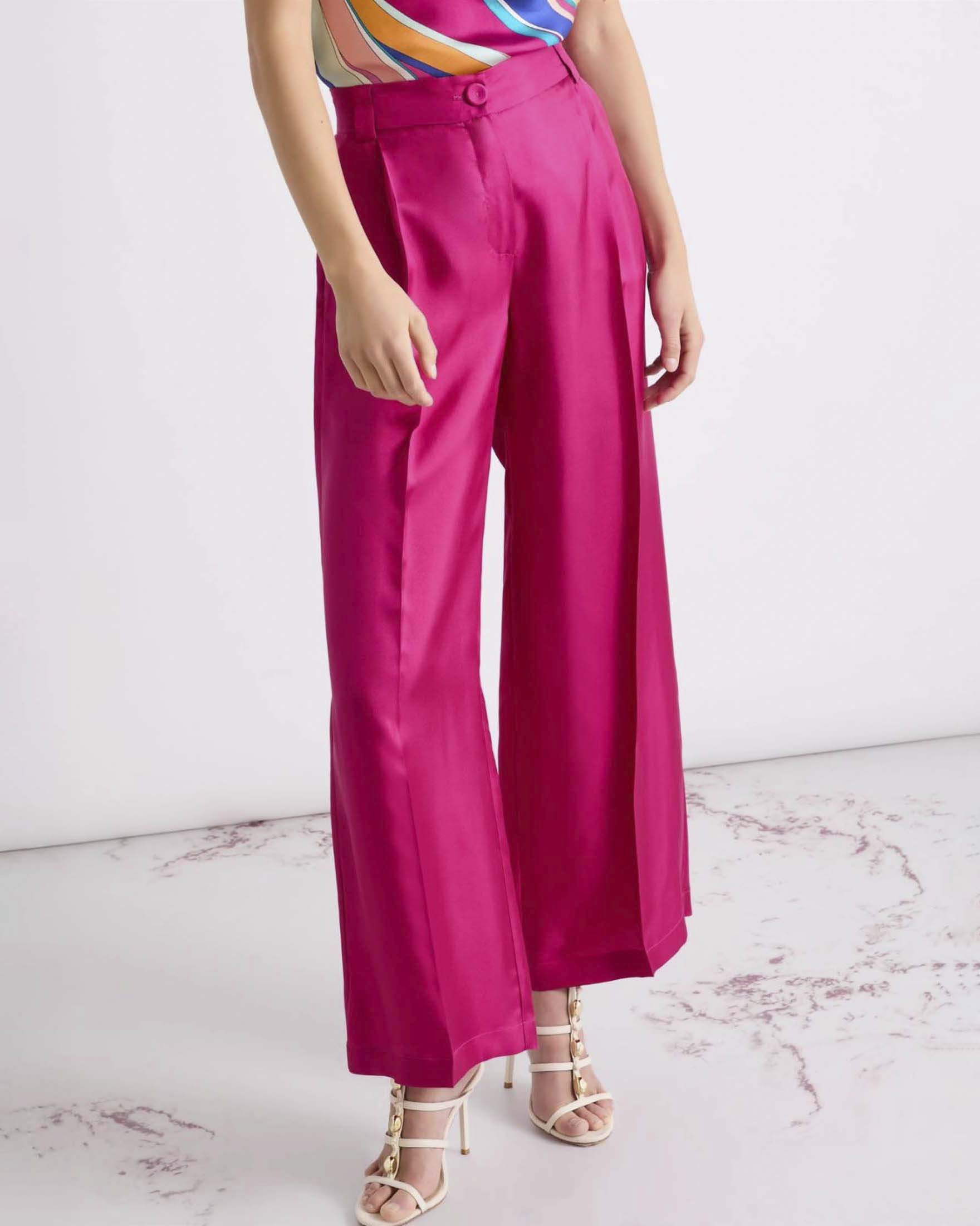 Pantaloni a palazzo Marella fucsia in twill di pura seta con pince sul davanti e piega stirata image