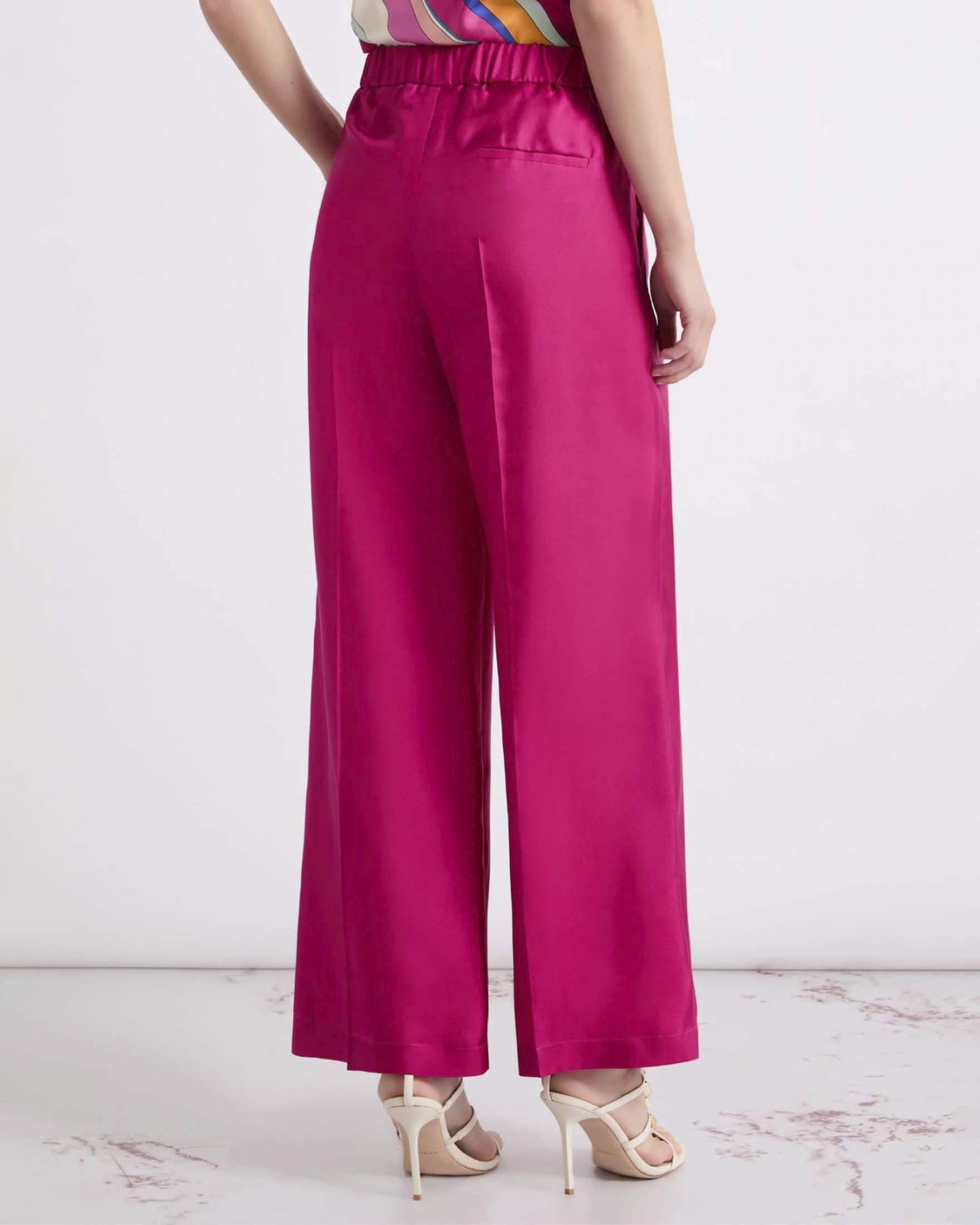Pantaloni a palazzo Marella fucsia in twill di pura seta con pince sul davanti e piega stirata