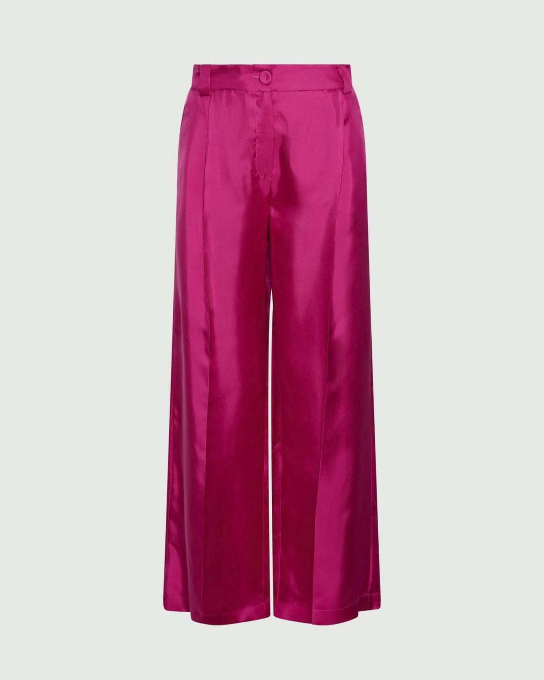 Pantaloni a palazzo Marella fucsia in twill di pura seta con pince sul davanti e piega stirata