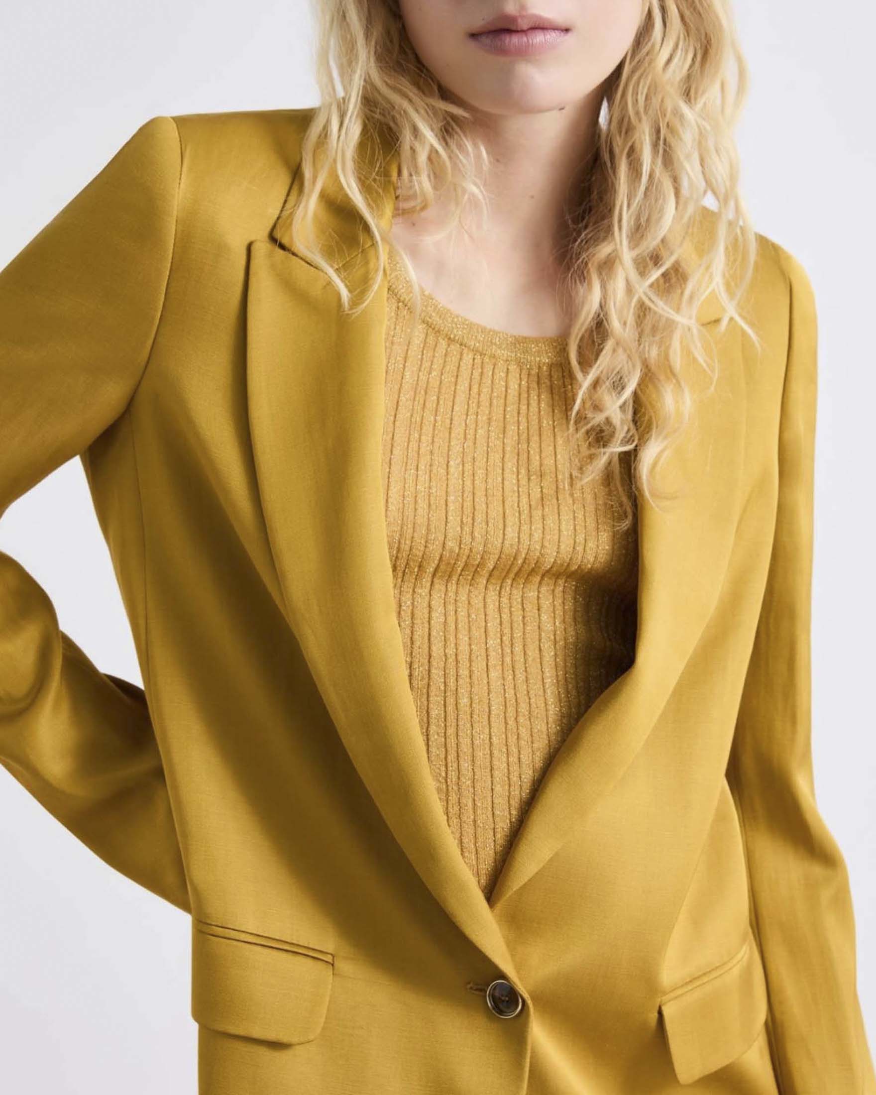 Blazer monopetto Emme Marella ocra in misto lino e viscosa con tasche laterali con patta