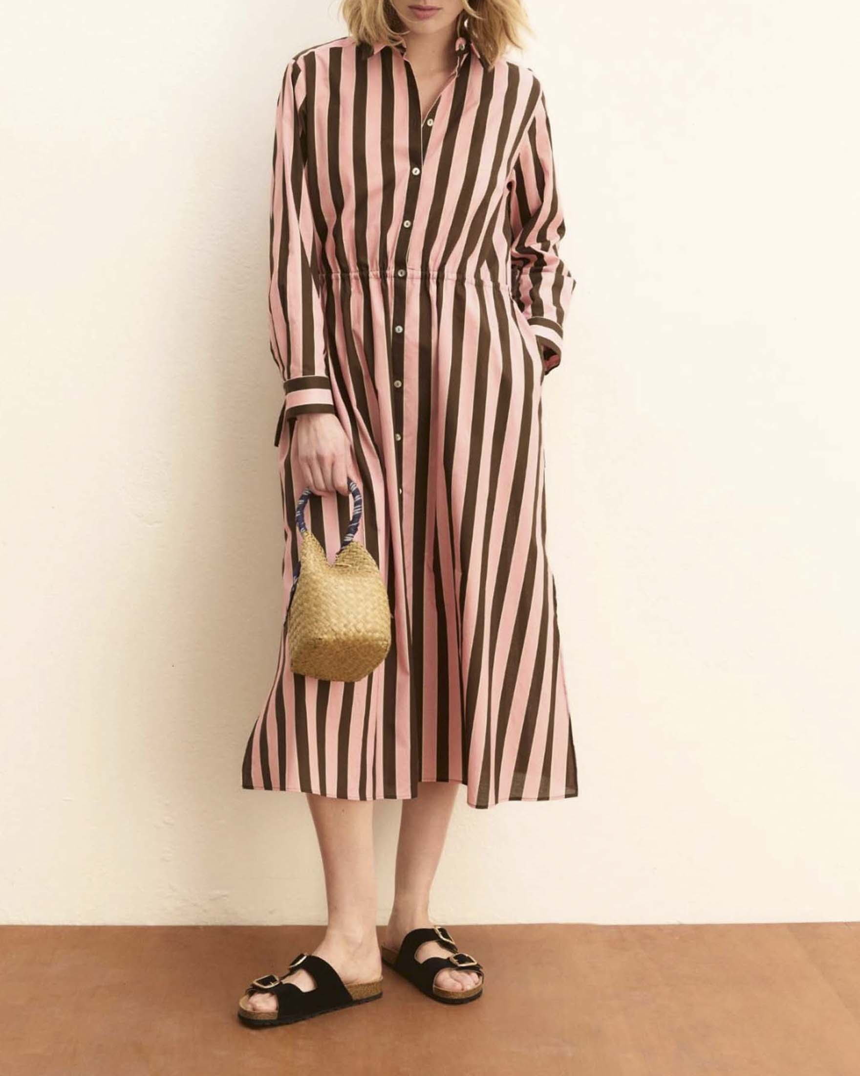 Abito midi chemisier Emme Marella a righe rosa e marroni in puro cotone con coulisse in vita