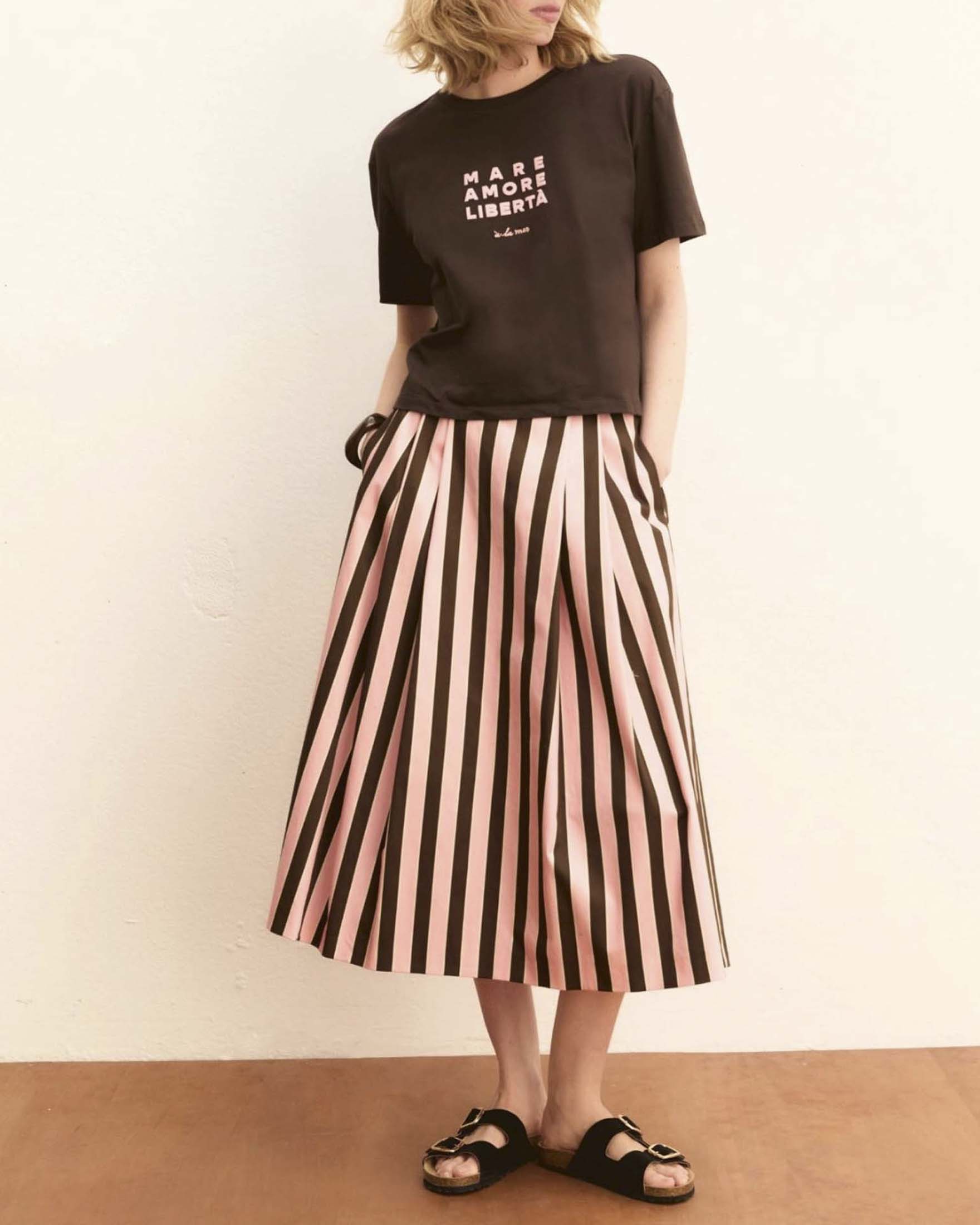 Gonna midi svasata Emme Marella a righe rosa e marron in raso di cotone stretch