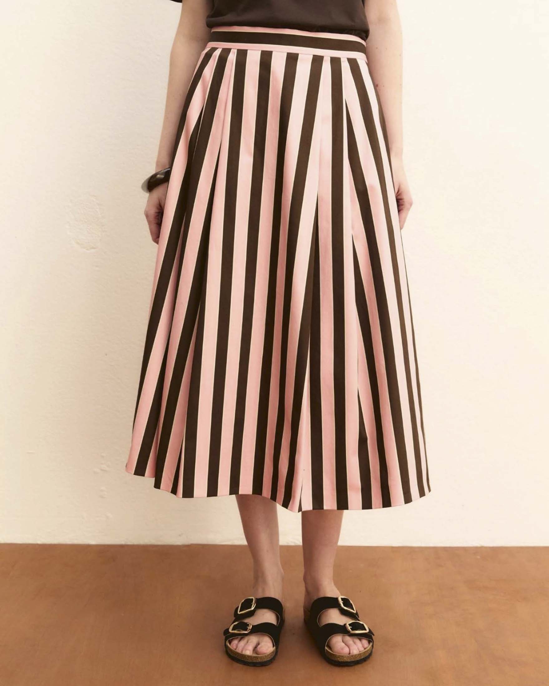 Gonna midi svasata Emme Marella a righe rosa e marron in raso di cotone stretch image