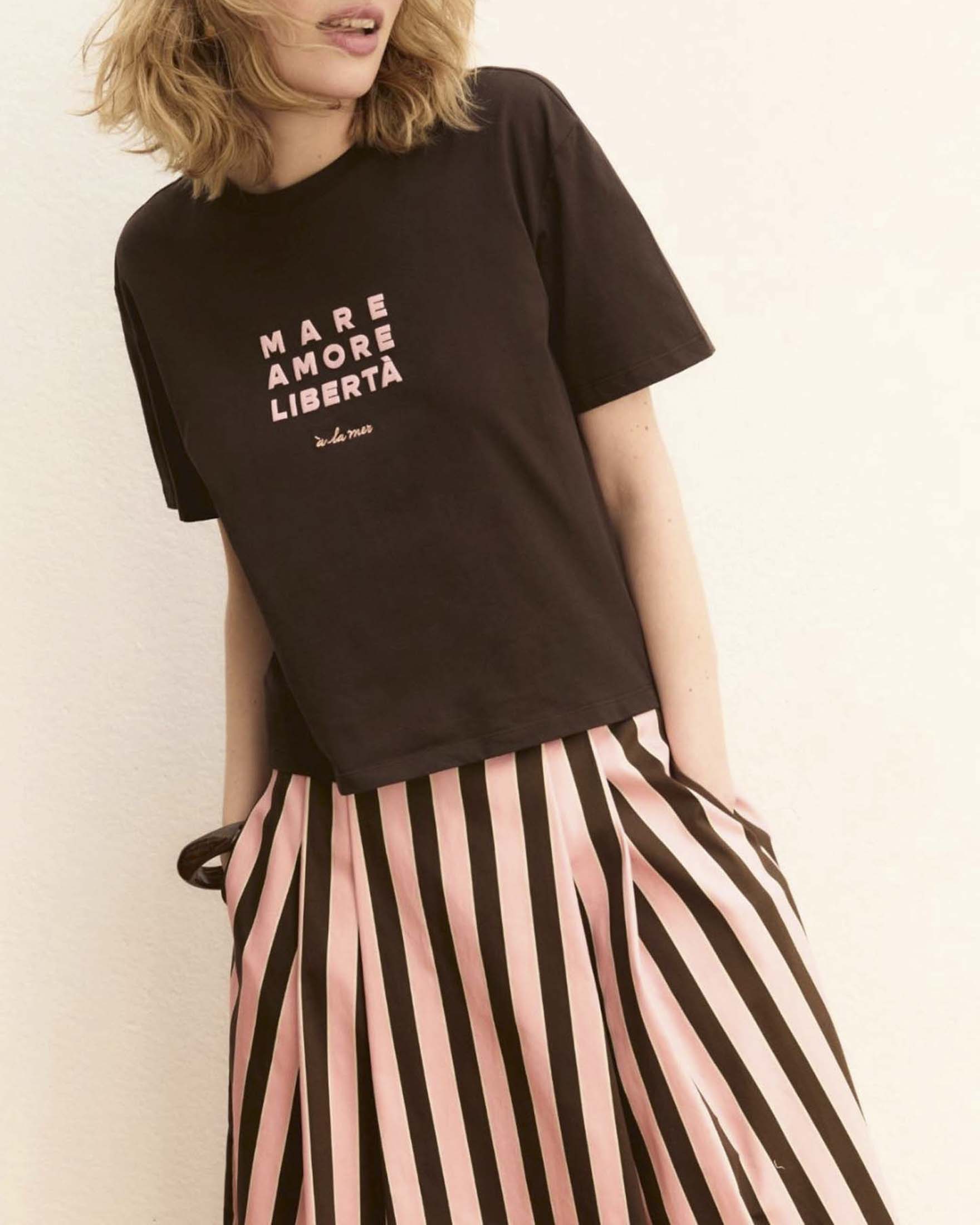 T-shirt girocollo Emme Marella marrone in jersey di cotone con stampa scritta rosa e maniche corte