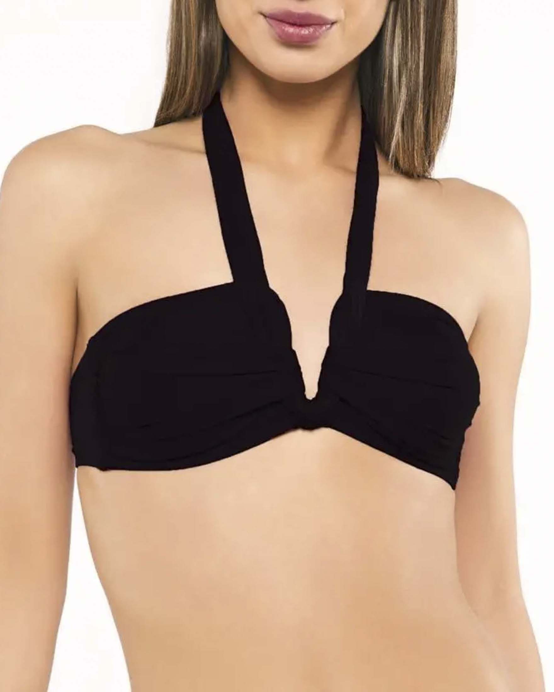 Bikini due pezzi nero con top a fascia e slip con chiusura a nodi