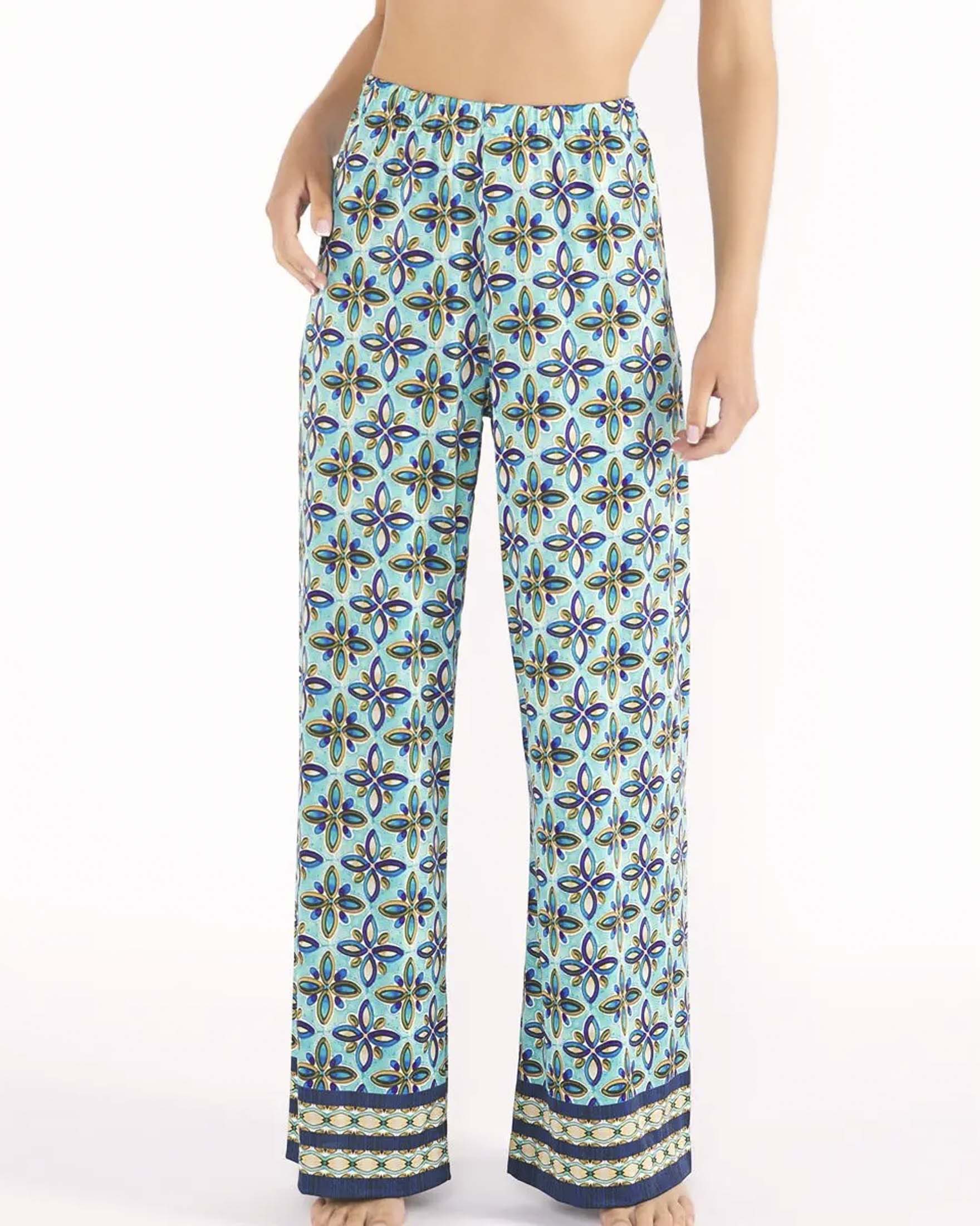 Pantaloni wide turchesi copricostume con stampa geometrica