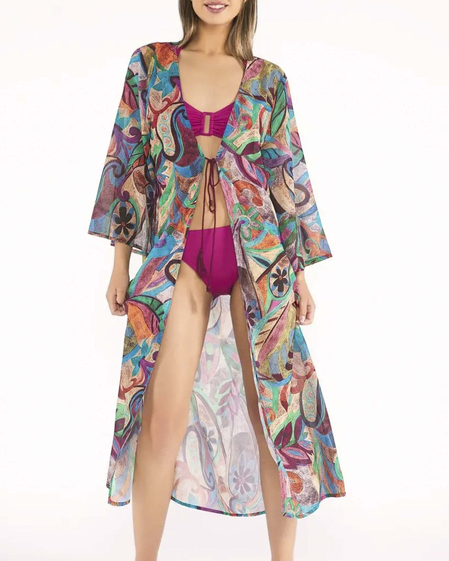 Caftano lungo aperto con stampa paisley multicolor e cordino da annodare sul davanti