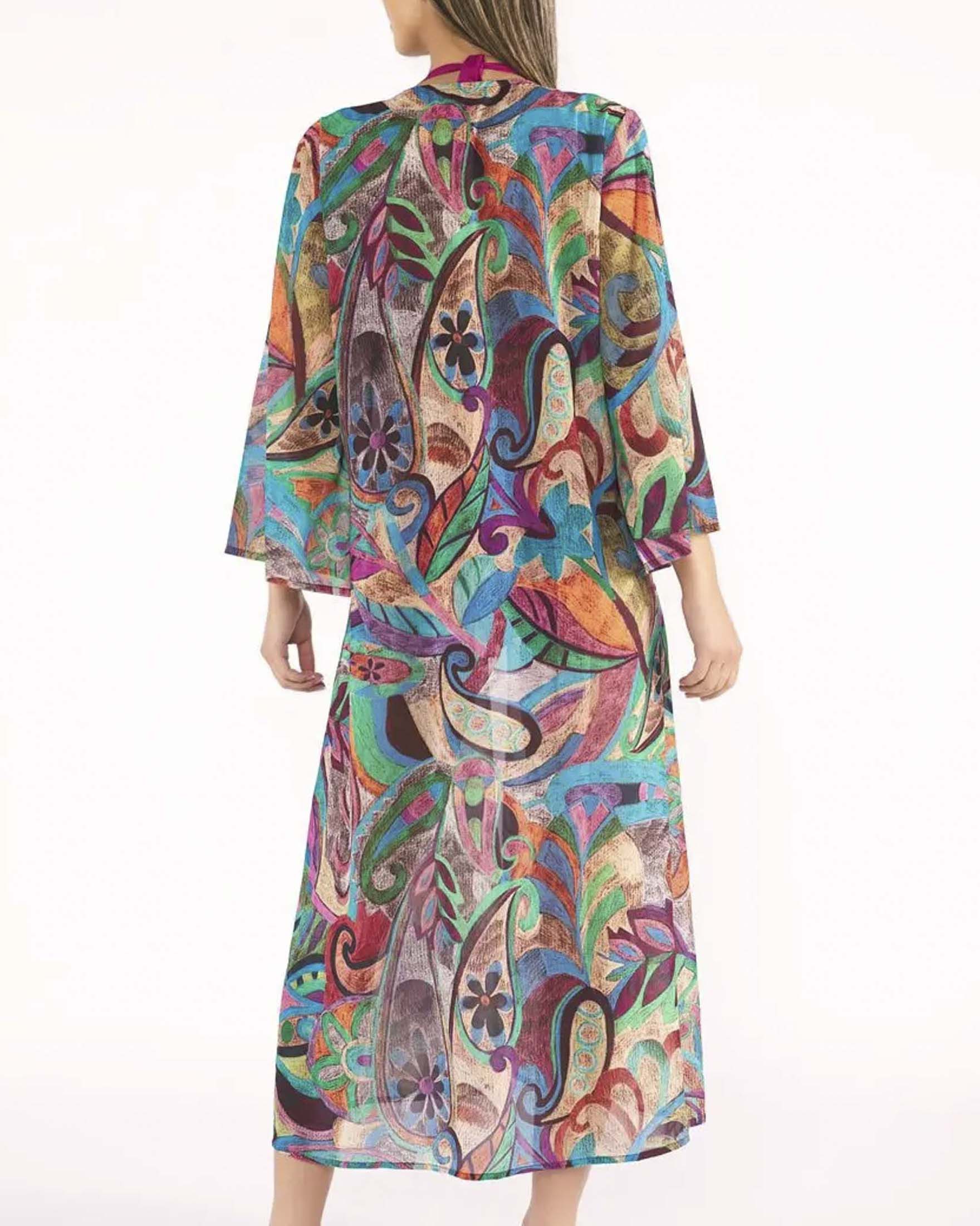 Caftano lungo Red Point aperto con stampa paisley multicolor e cordino da annodare sul davanti image