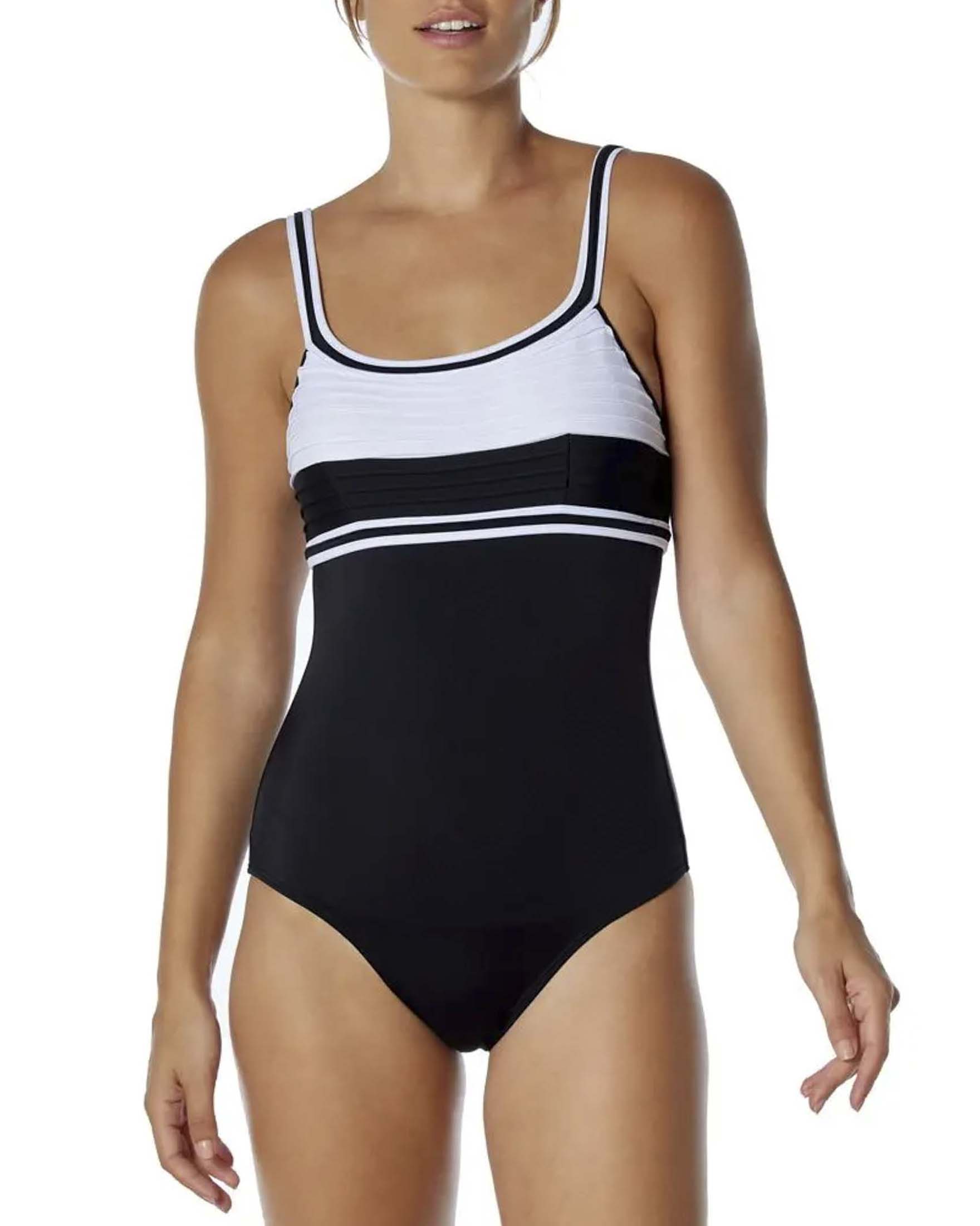 Costume intero nero e bianco con scollo profondo sulla schiena