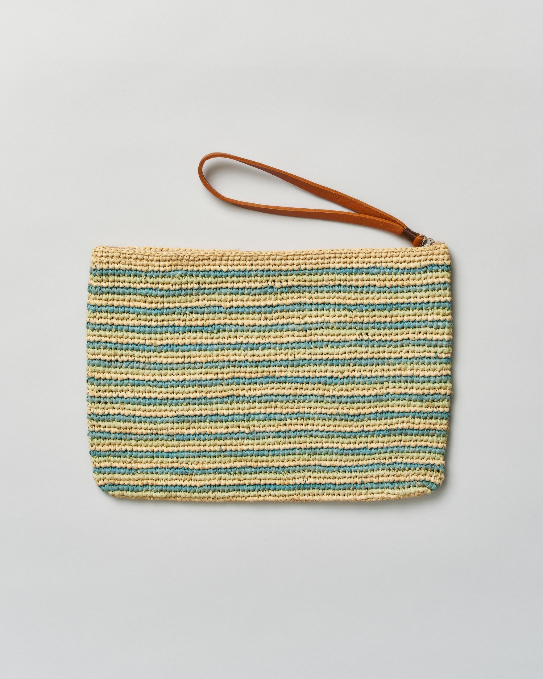 Pochette Sovani in rafia a righe color acqua e naturali con laccetto laterale in pelle image