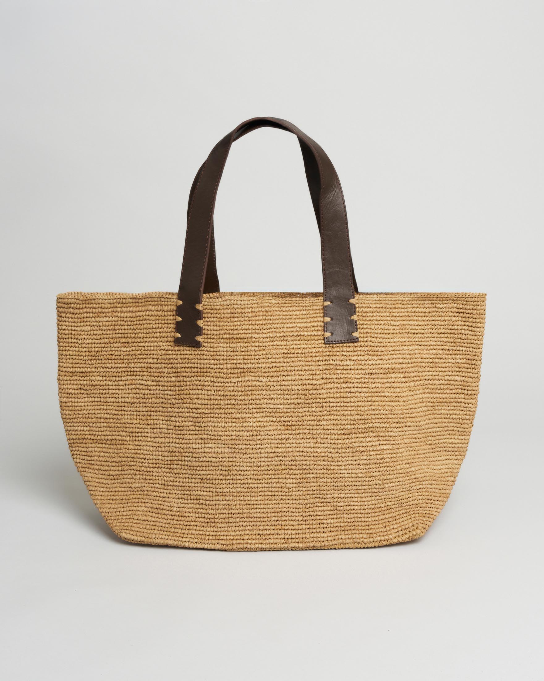 Shopper Bag media Sovani in rafia naturale con manici in pelle