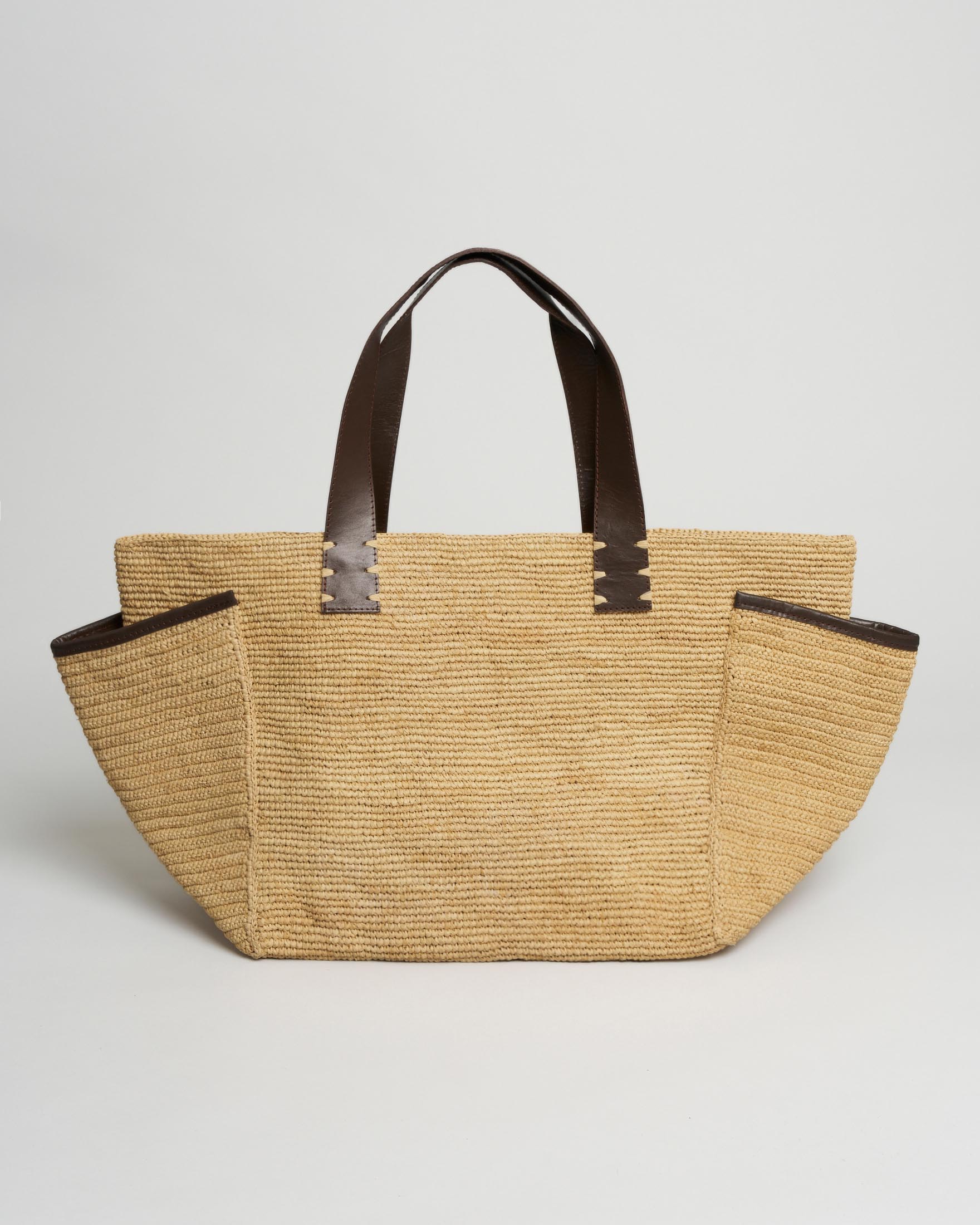 Shopper Bag Sovani in rafia naturale con tasche laterali e rifiniture in felle