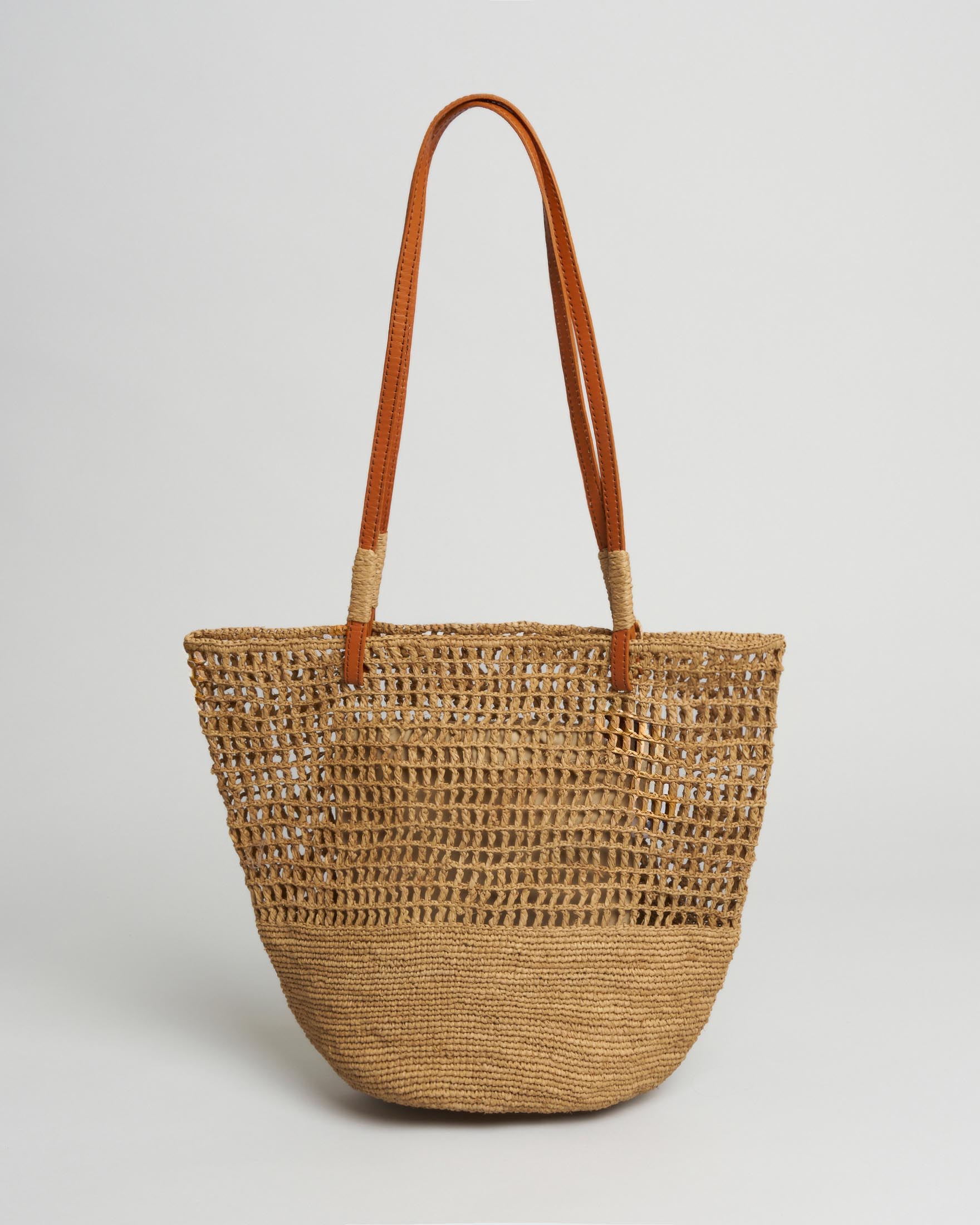 Borsa a secchiello Sovani in rafia naturale con motivo crochet a rete e manici lunghi in pelle