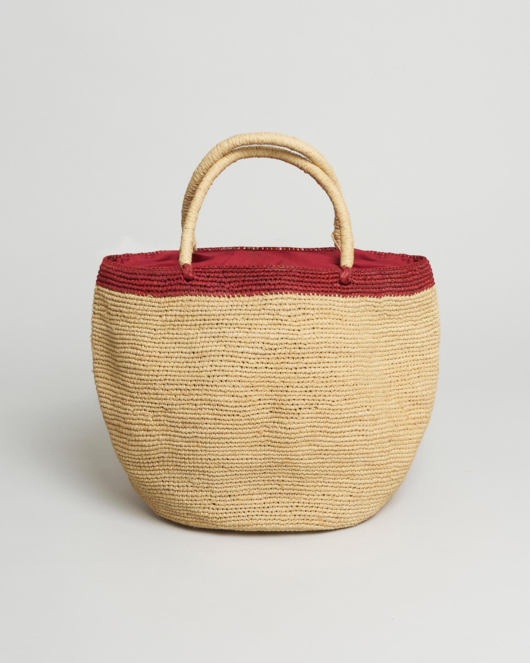 Borsa a secchiello Sovani in rafia naturale con bordo a contrasto rosso