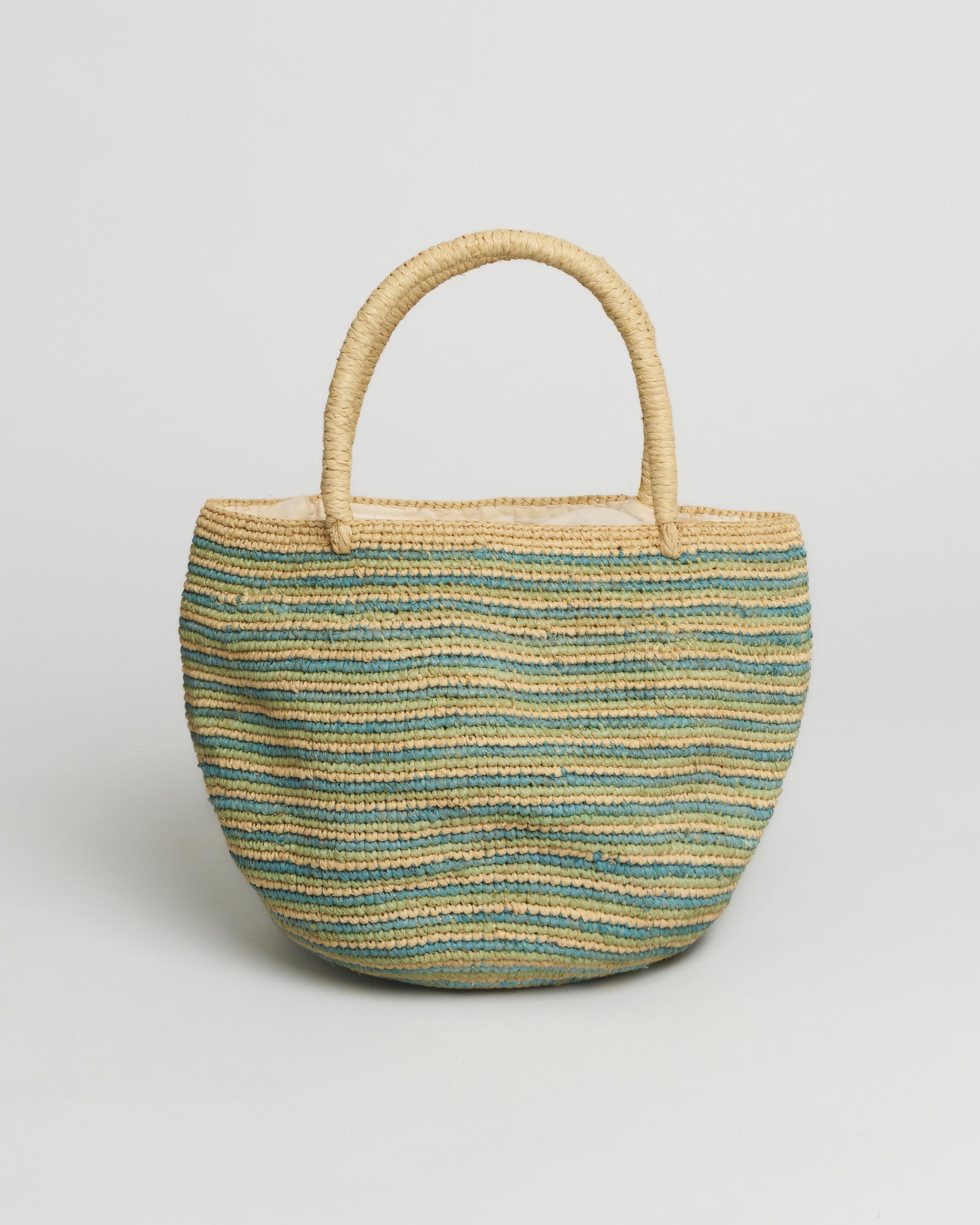 Borsa a secchiello Sovani in rafia a righe color acqua e naturale con chiusura a fiocco