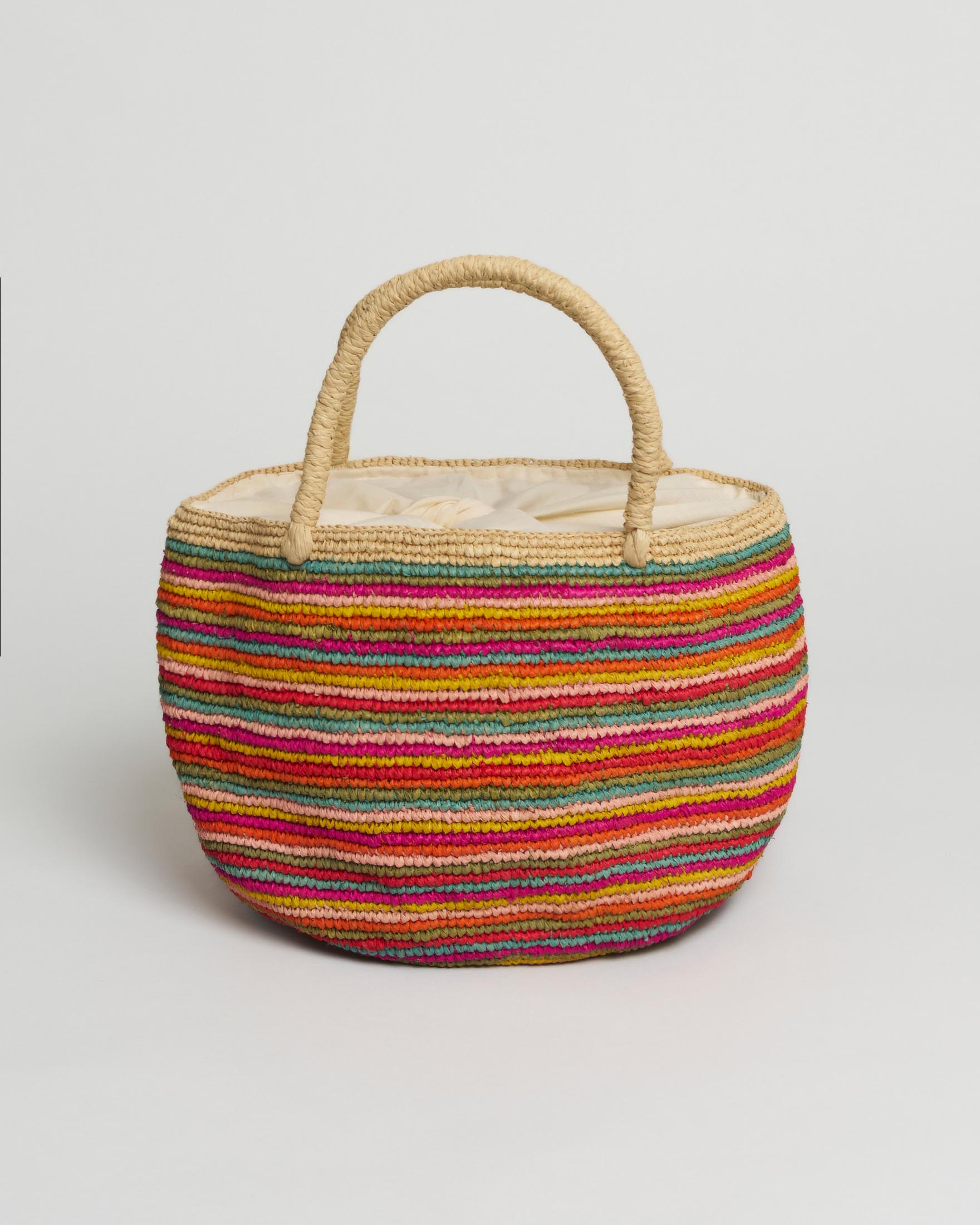 Borsa a secchiello Sovani in rafia a righe multicolor con chiusura a fiocco
