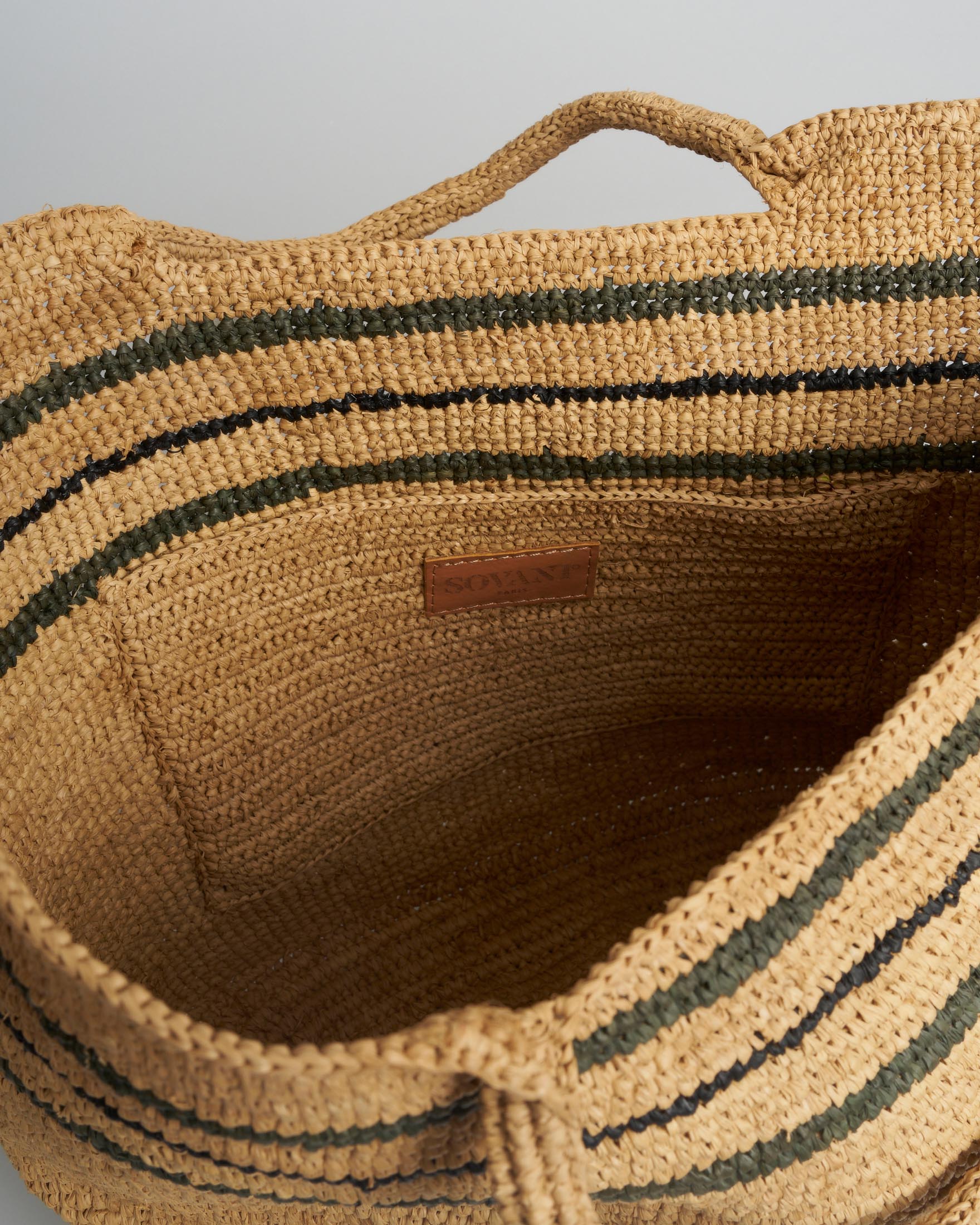 Borsa a mano Sovani in rafia naturale con righe color kaki image