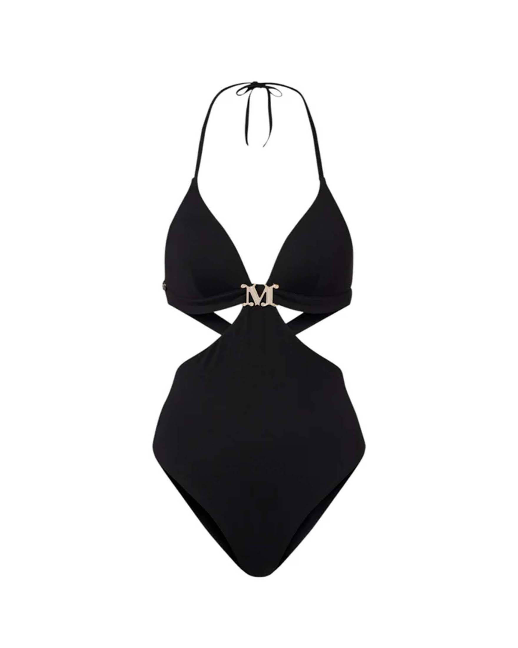 Costume intero Max Mara Beachwear nero cut-out con logo metallico e laccetti regolabili