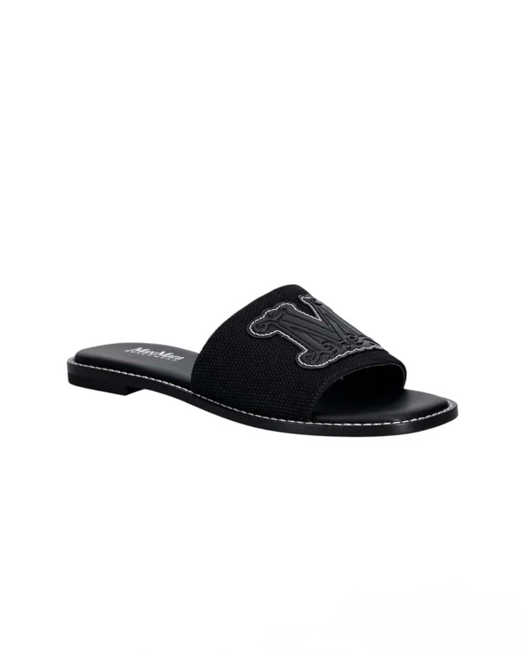 Ciabatte slide Max Mara Beachwear nere in canvas di cotone con dettagli in pelle