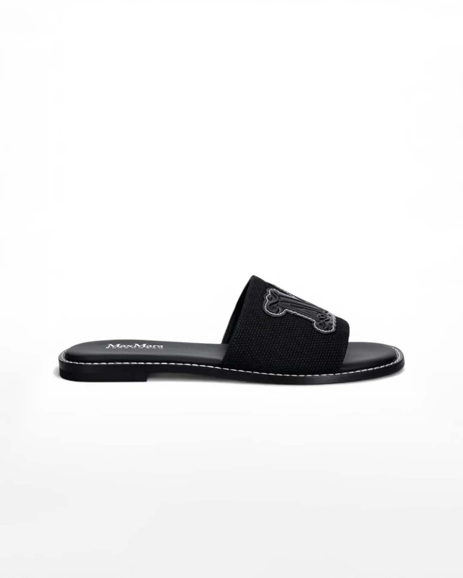 Ciabatte slide Max Mara Beachwear nere in canvas di cotone con dettagli in pelle