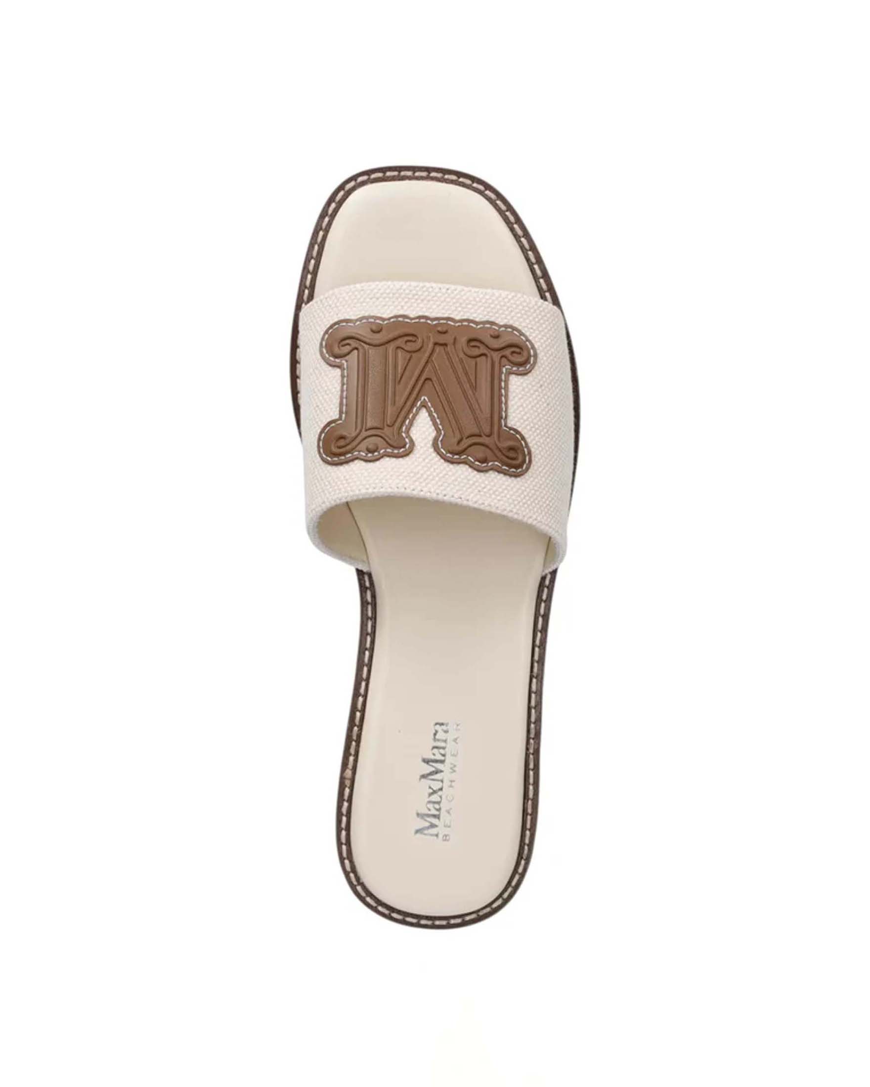 Ciabatte slide Max Mara Beachwear écru in canvas di cotone con dettagli in pelle image