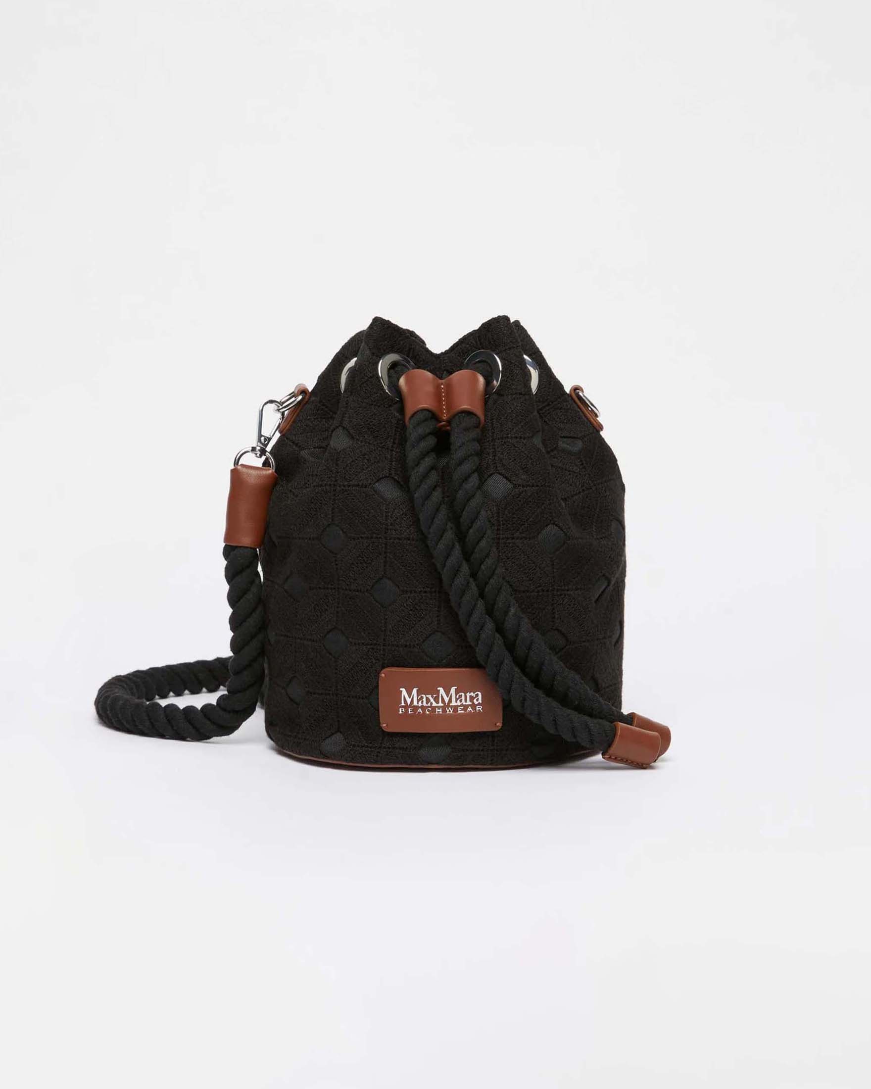 Borsa secchiello crossbody Max Mara Beachwear nera effetto macramè con chiusura a coulisse