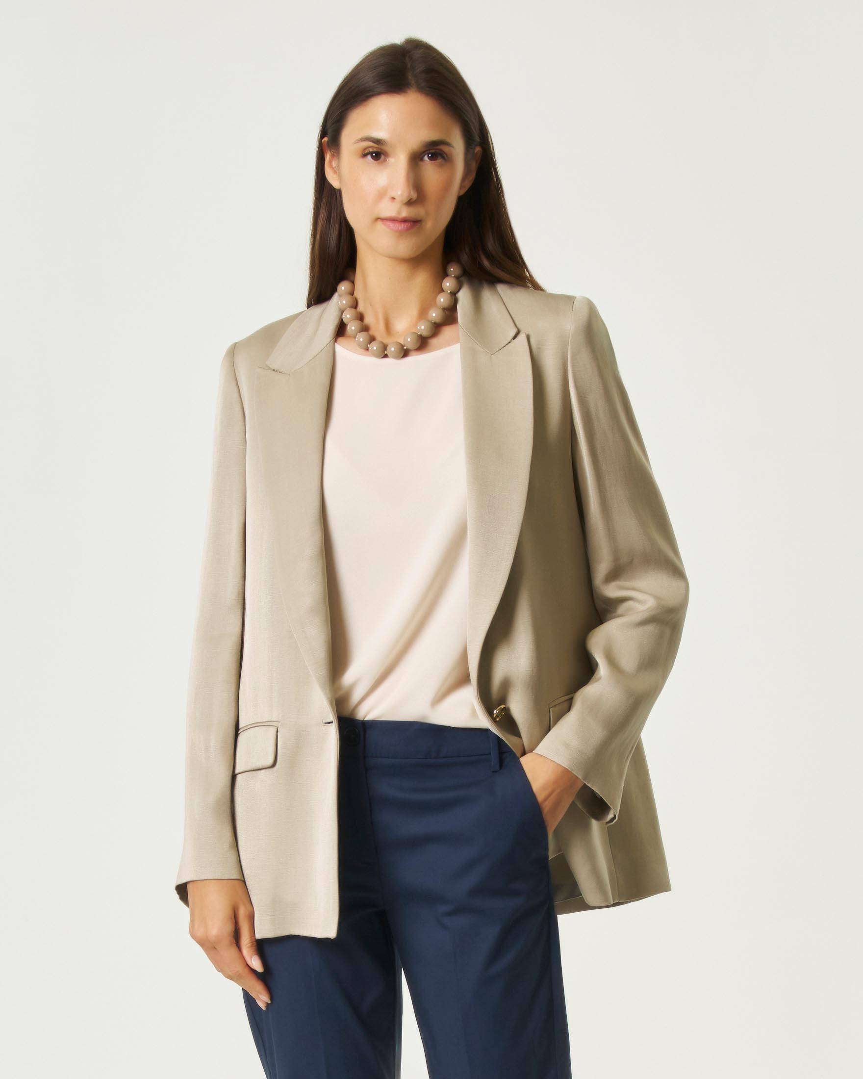 Blazer monopetto Emme Marella greige in misto lino e viscosa con tasche laterali con patta