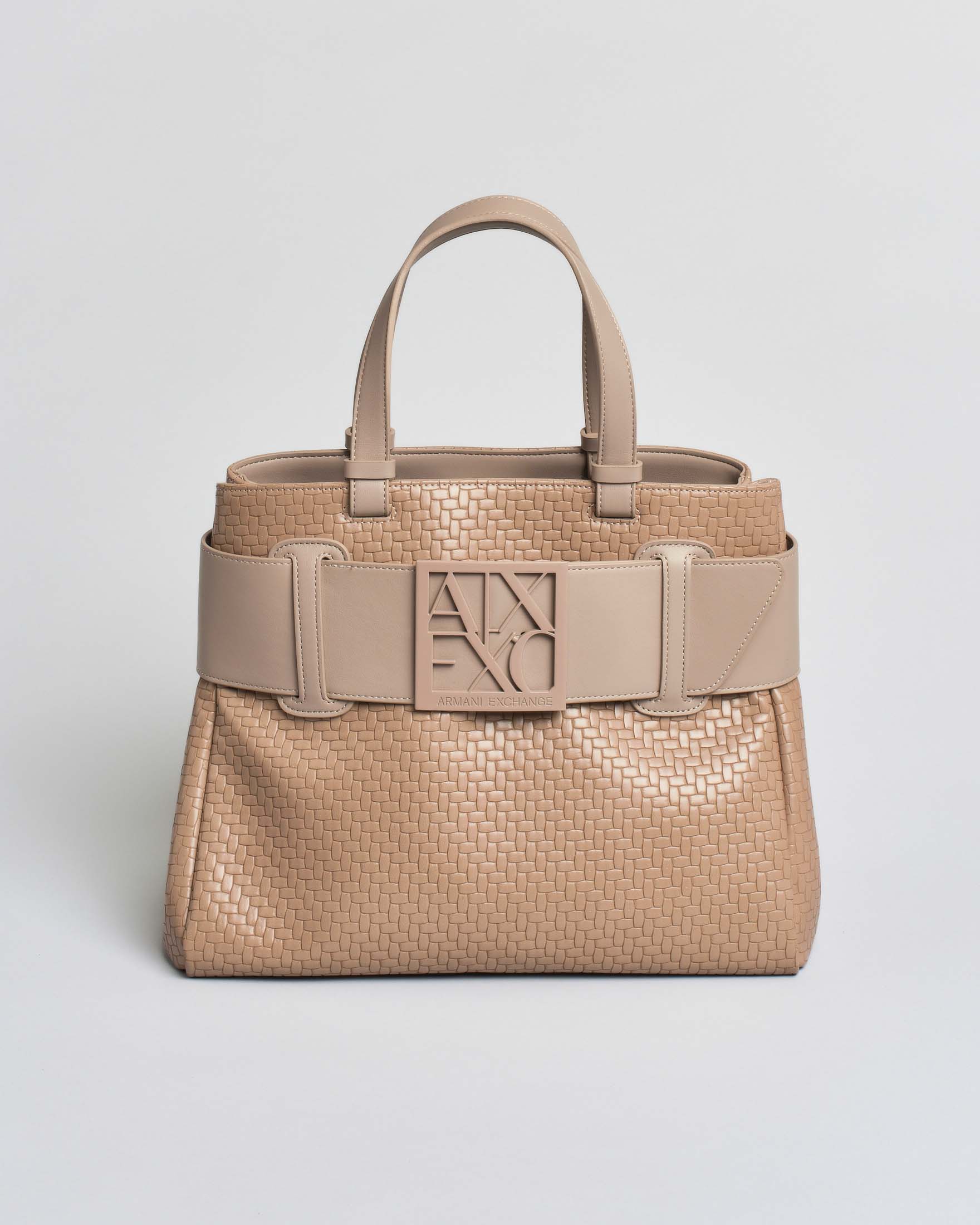 Borsa a mano media Armani Exchange color sabbia in similpelle effetto intrecciato con fibbia logo