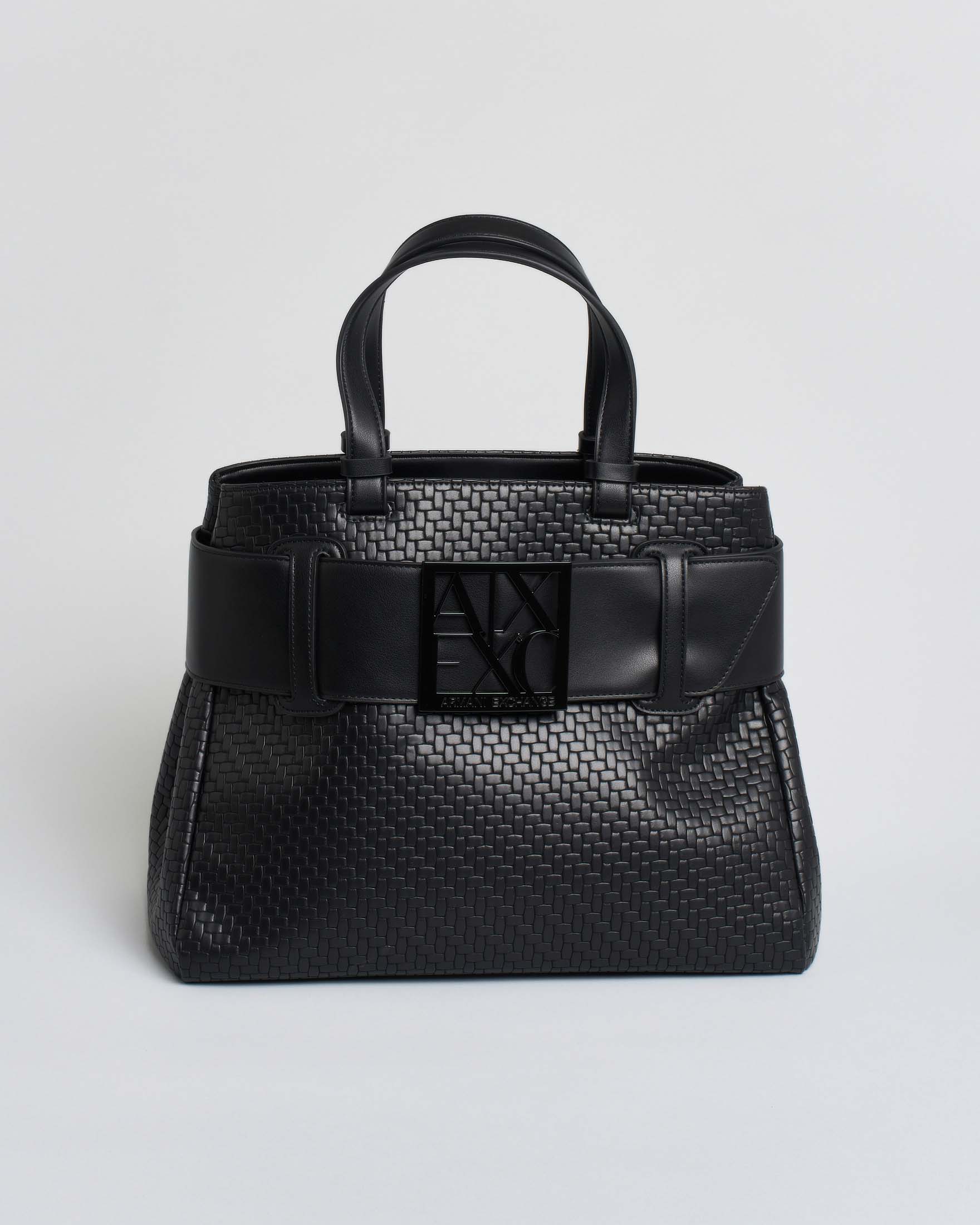 Borsa a mano media Armani Exchange nera in similpelle effetto intrecciato con fibbia logo