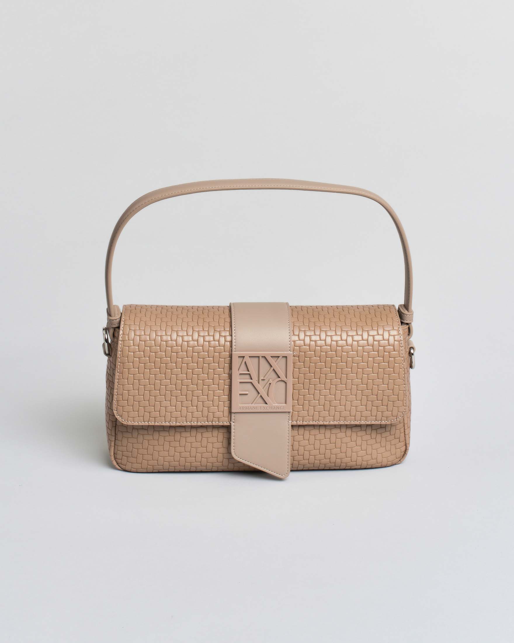 Borsa baguette Armani Exchange beige in similpelle effetto intrecciato con fibbia logo