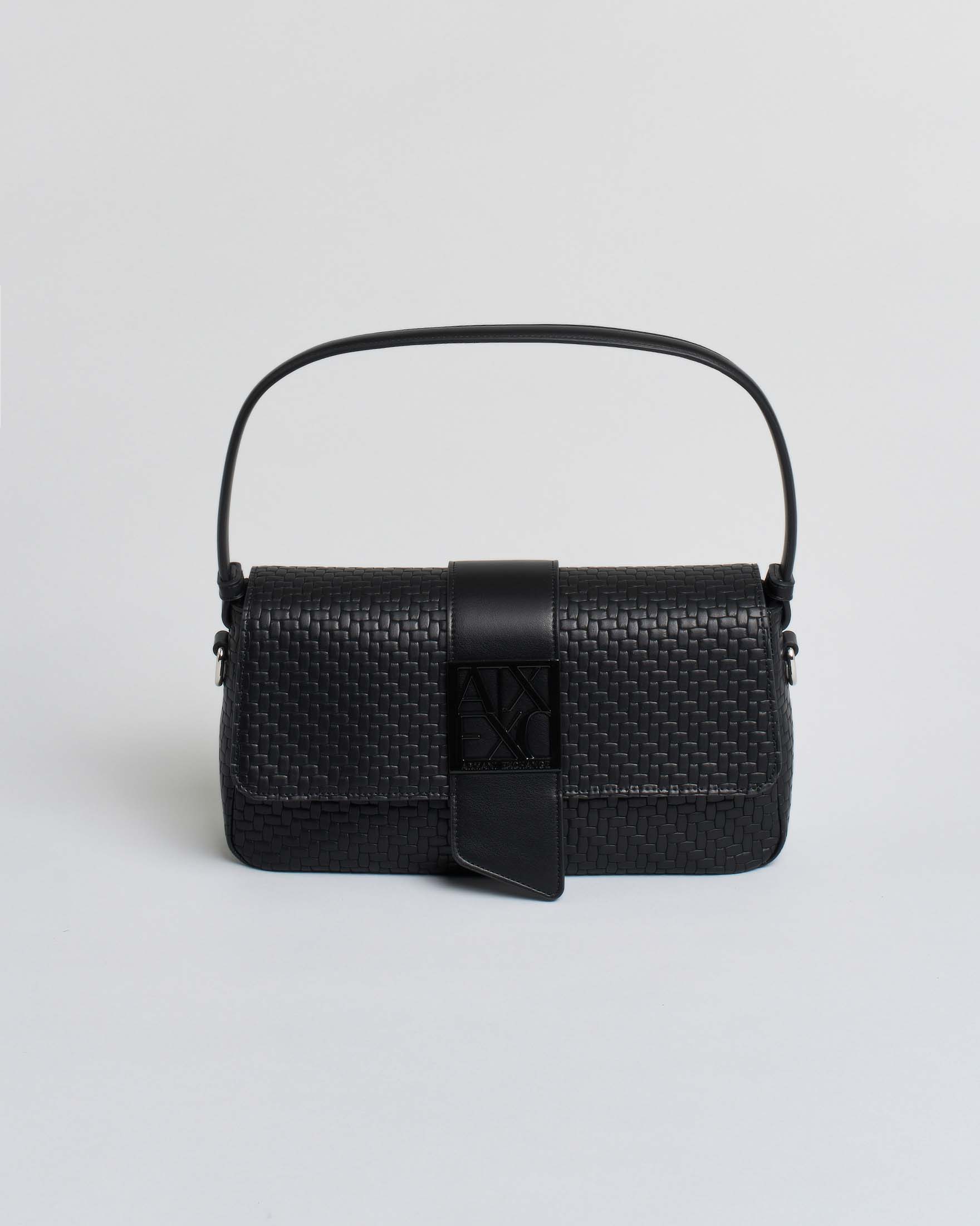 Borsa baguette Armani Exchange nera in similpelle effetto intrecciato con fibbia logo