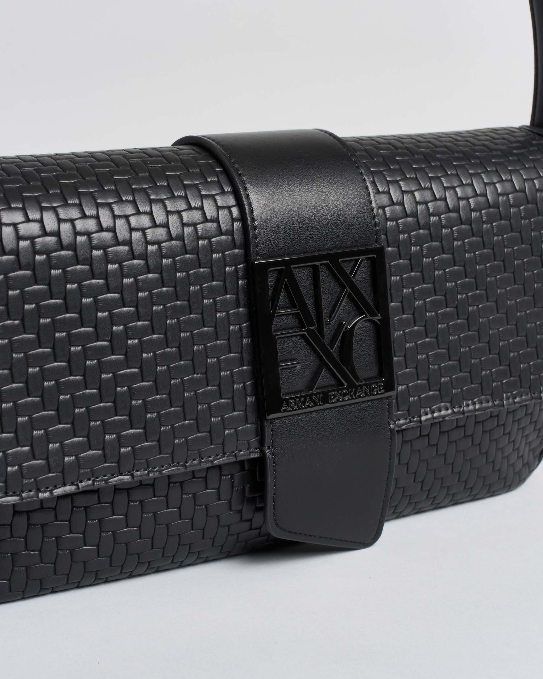 Borsa baguette Armani Exchange nera in similpelle effetto intrecciato con fibbia logo image