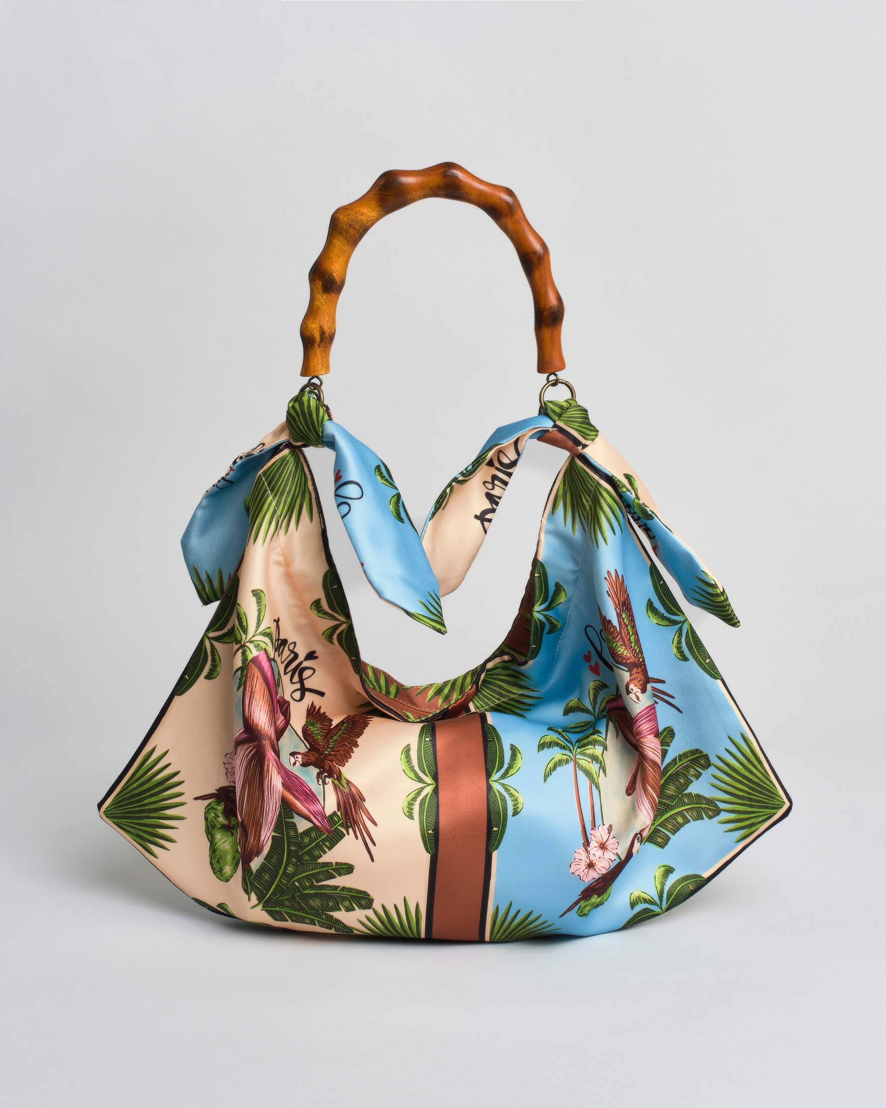 Borsa a spalla Hlo! multicolor in raso a stampa floreale con manico in bambù