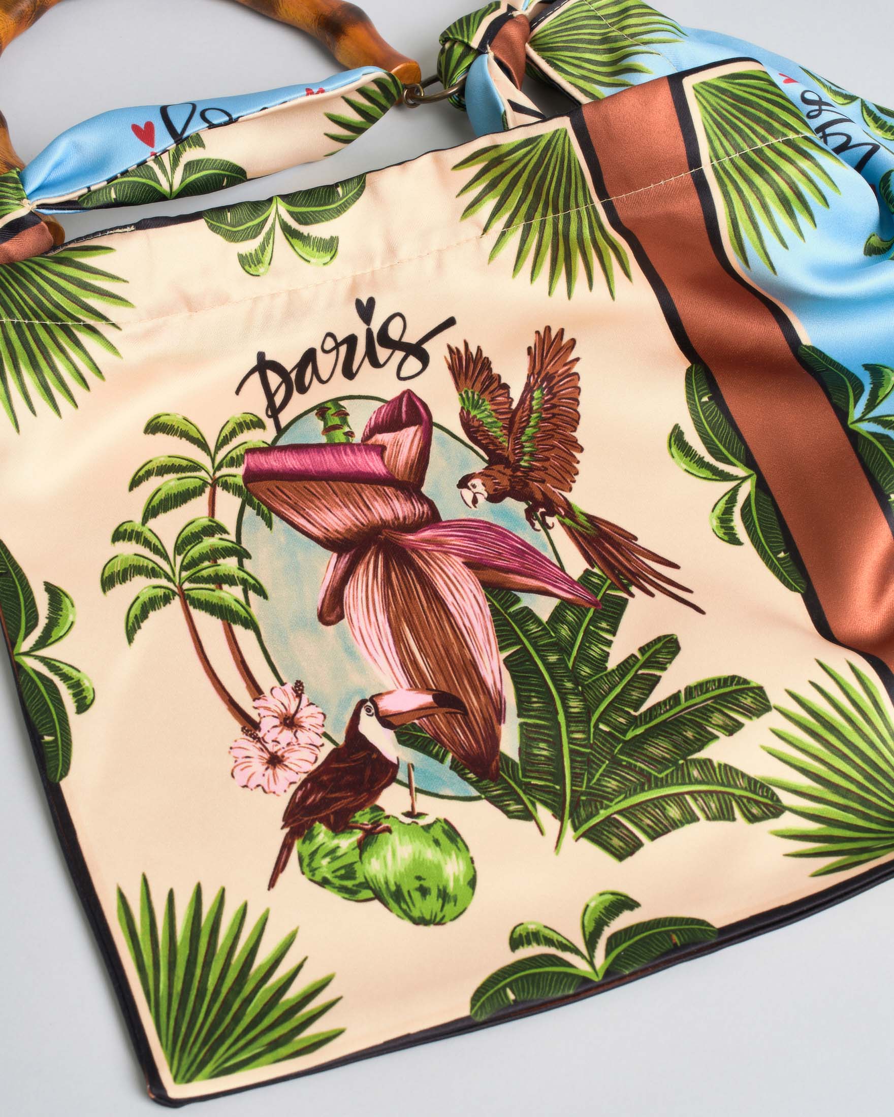 Borsa a spalla Hlo! multicolor in raso a stampa floreale con manico in bambù image