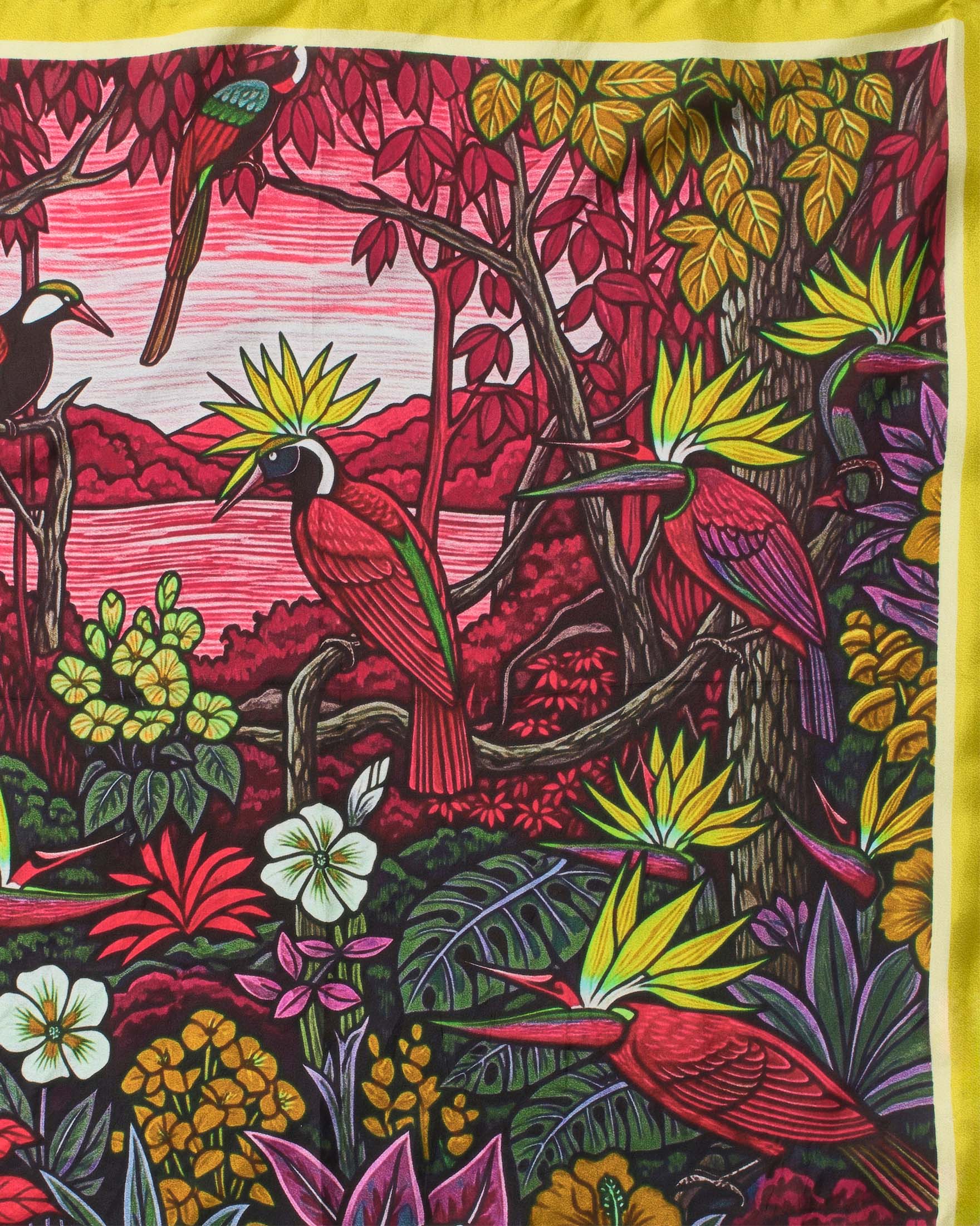 Foulard Pandori Waraich magenta in pura seta a stampa esotica con uccelli e bordo color lime image
