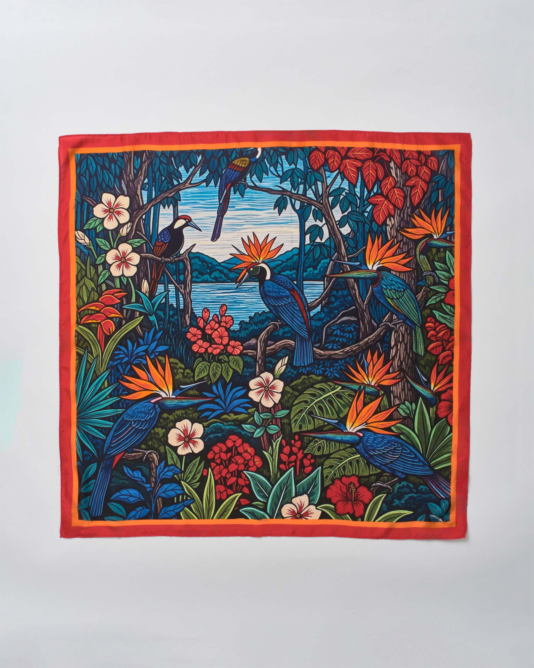 Foulard Pandori Waraich azzurro in pura seta a stampa esotica con uccelli e bordo rosso