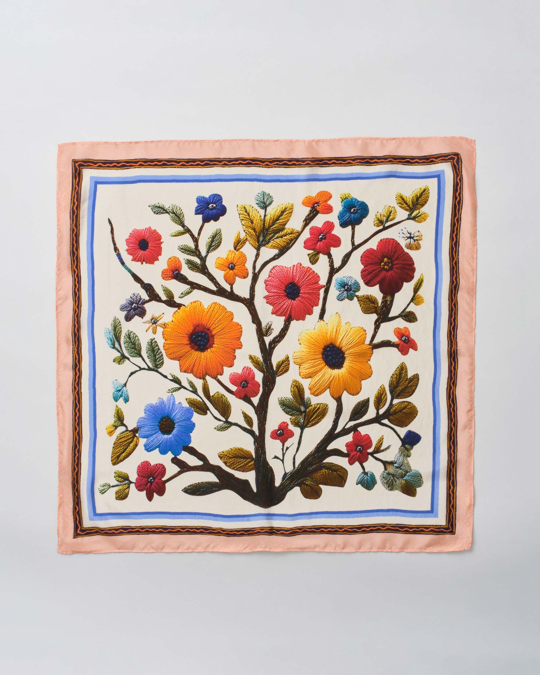 Foulard Pandori Waraich beige in pura seta con stampa floreale multicolor e bordo rosa cipria