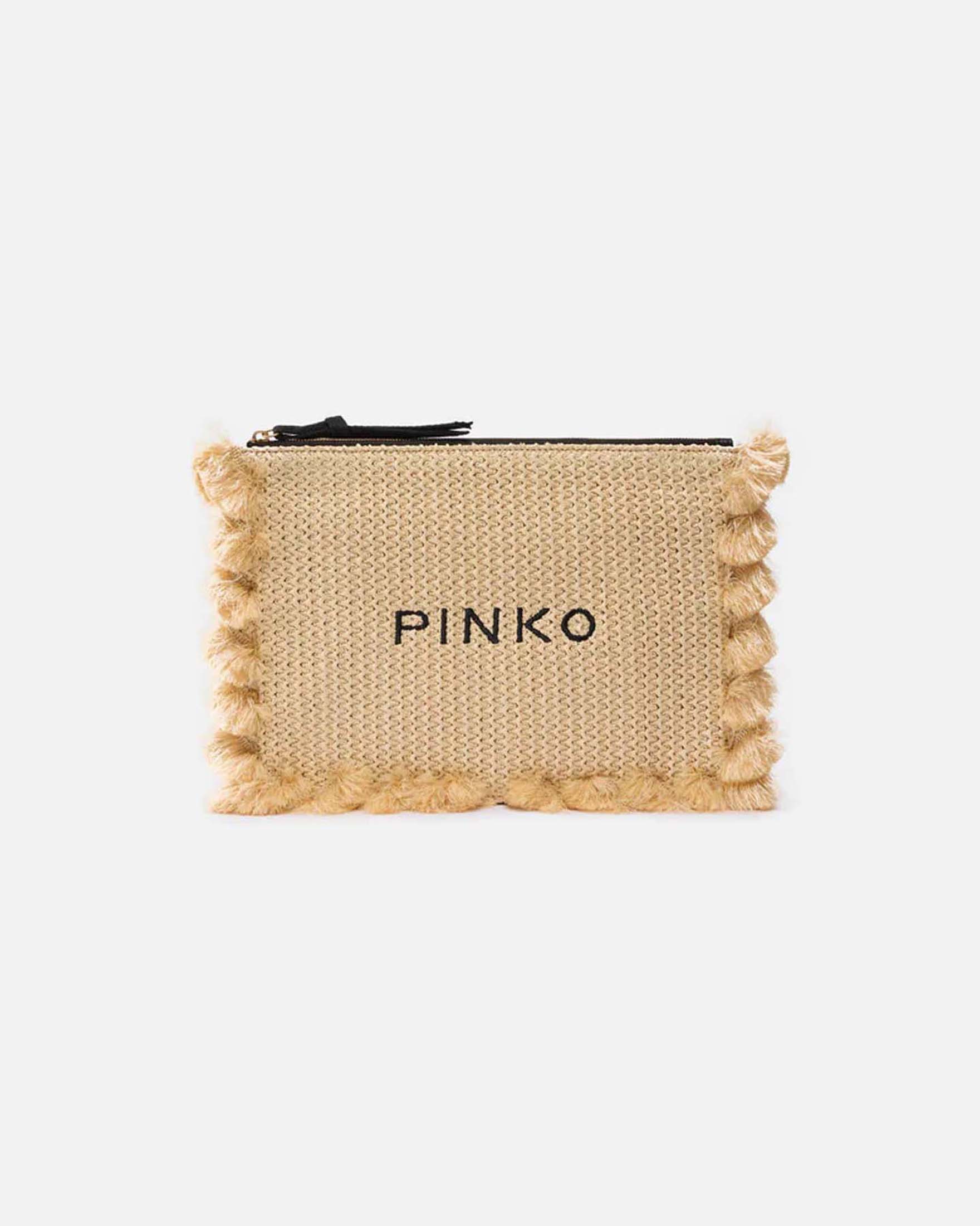 Busta piccola Pinko in rafia intrecciata con logo a contrasto ricamato e nappine