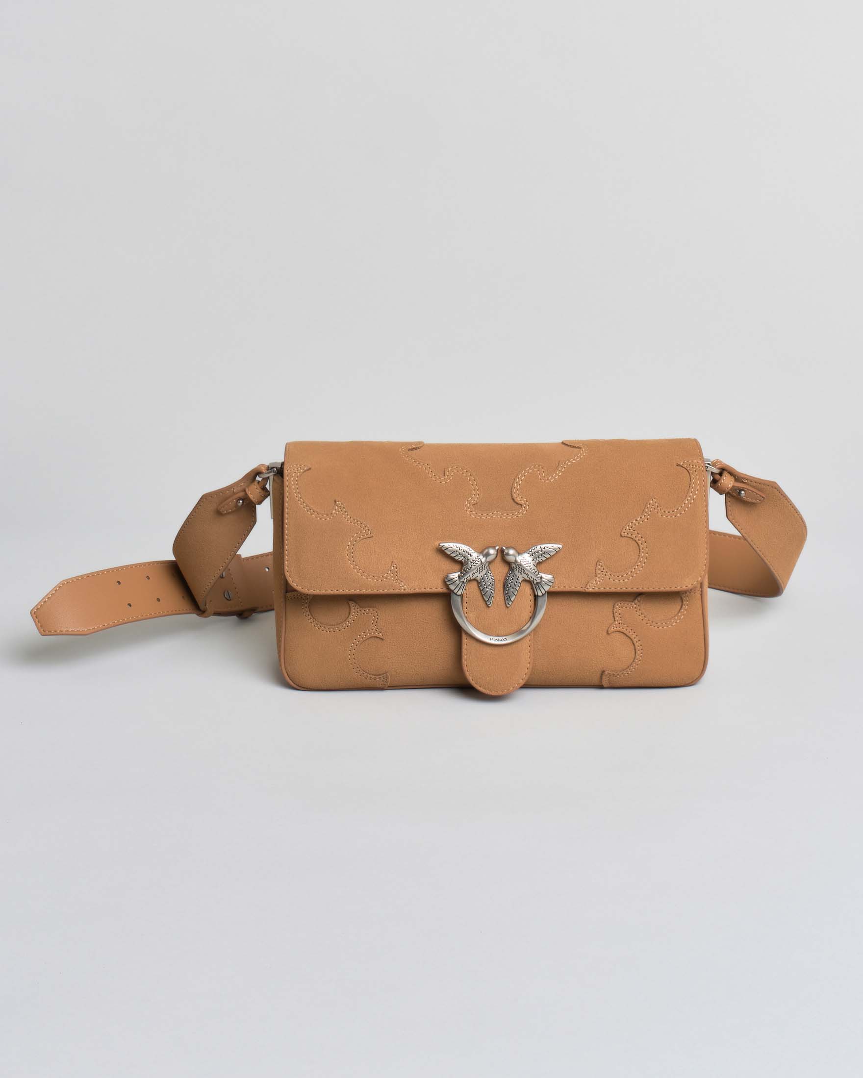 Borsa a spalla media beige Love Bag One Slouchy Pinko in pelle scamosciata con intarsi