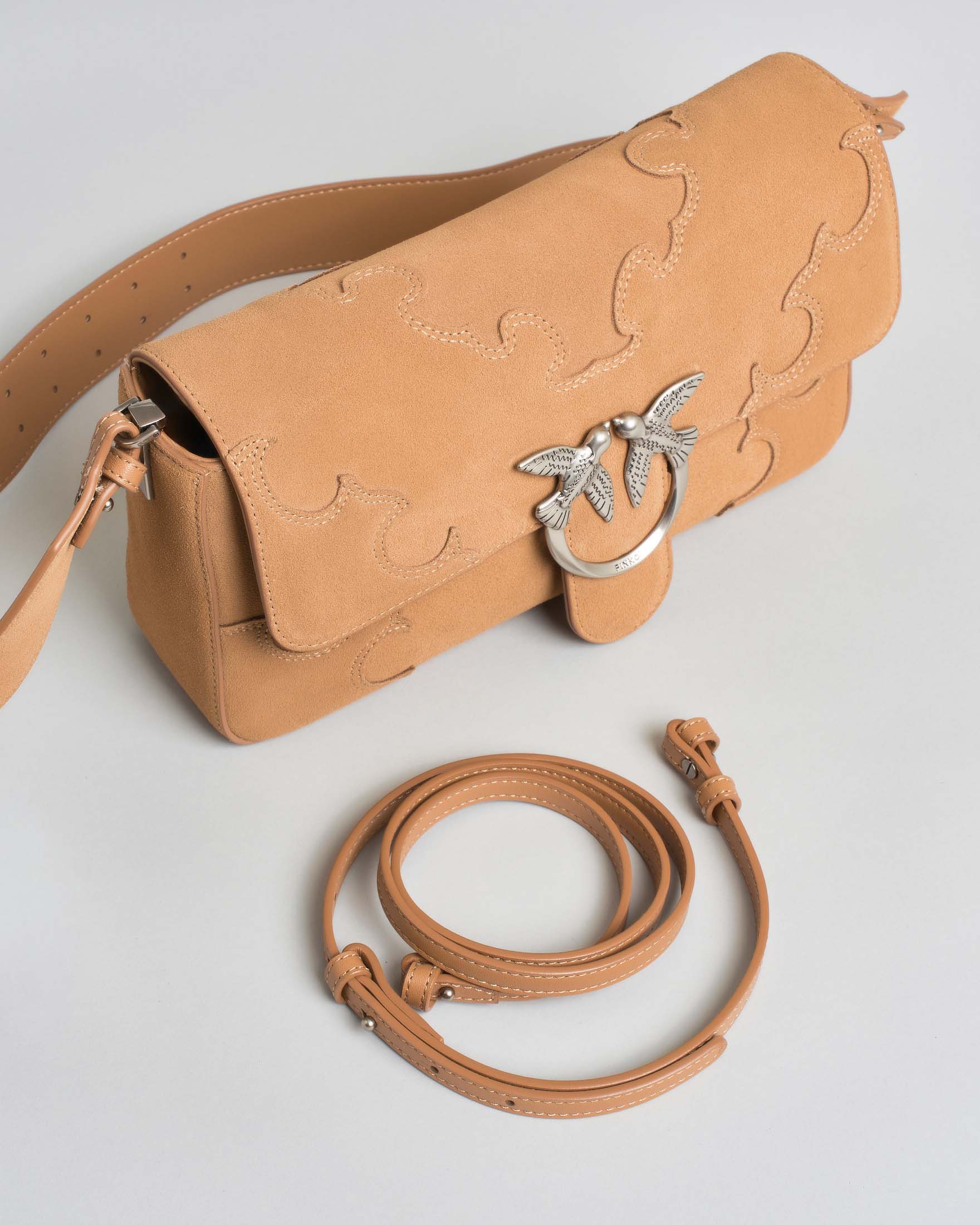 Borsa a spalla media beige Love Bag One Slouchy Pinko in pelle scamosciata con intarsi image