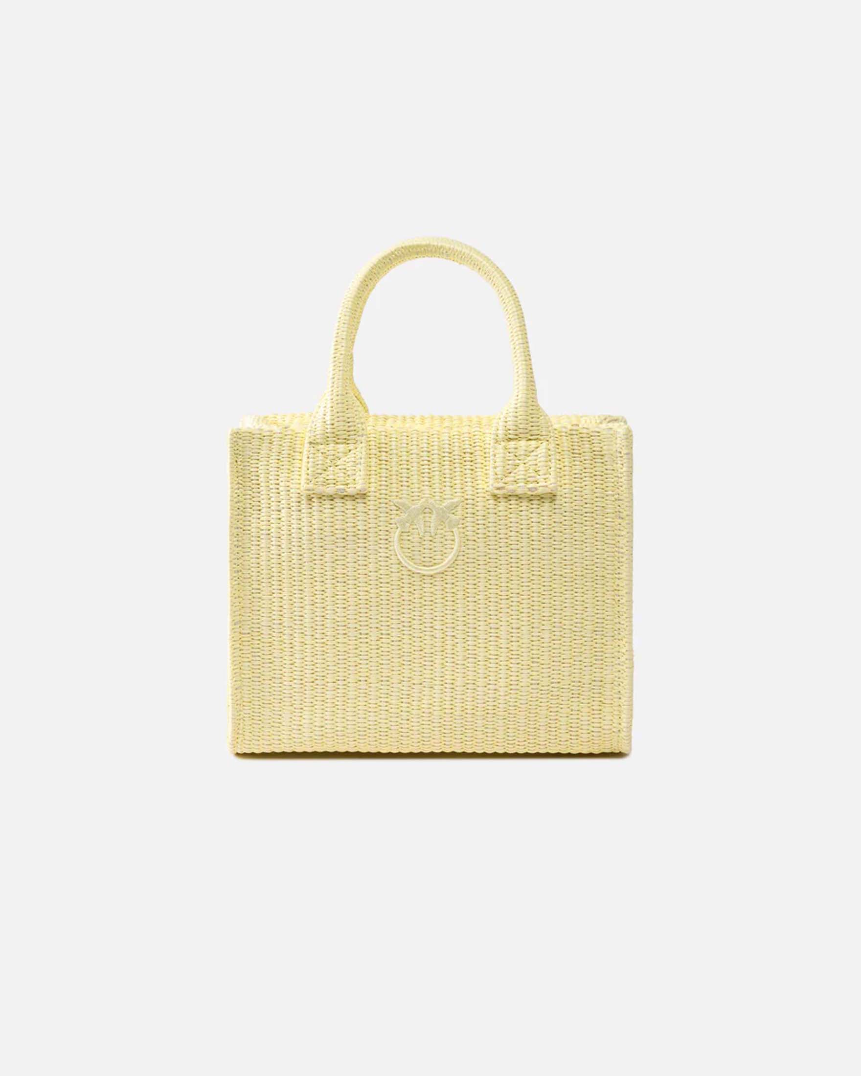 Mini shopper Beach Pinko in rafia intrecciata naturale con logo Love Birds e chiusura zip