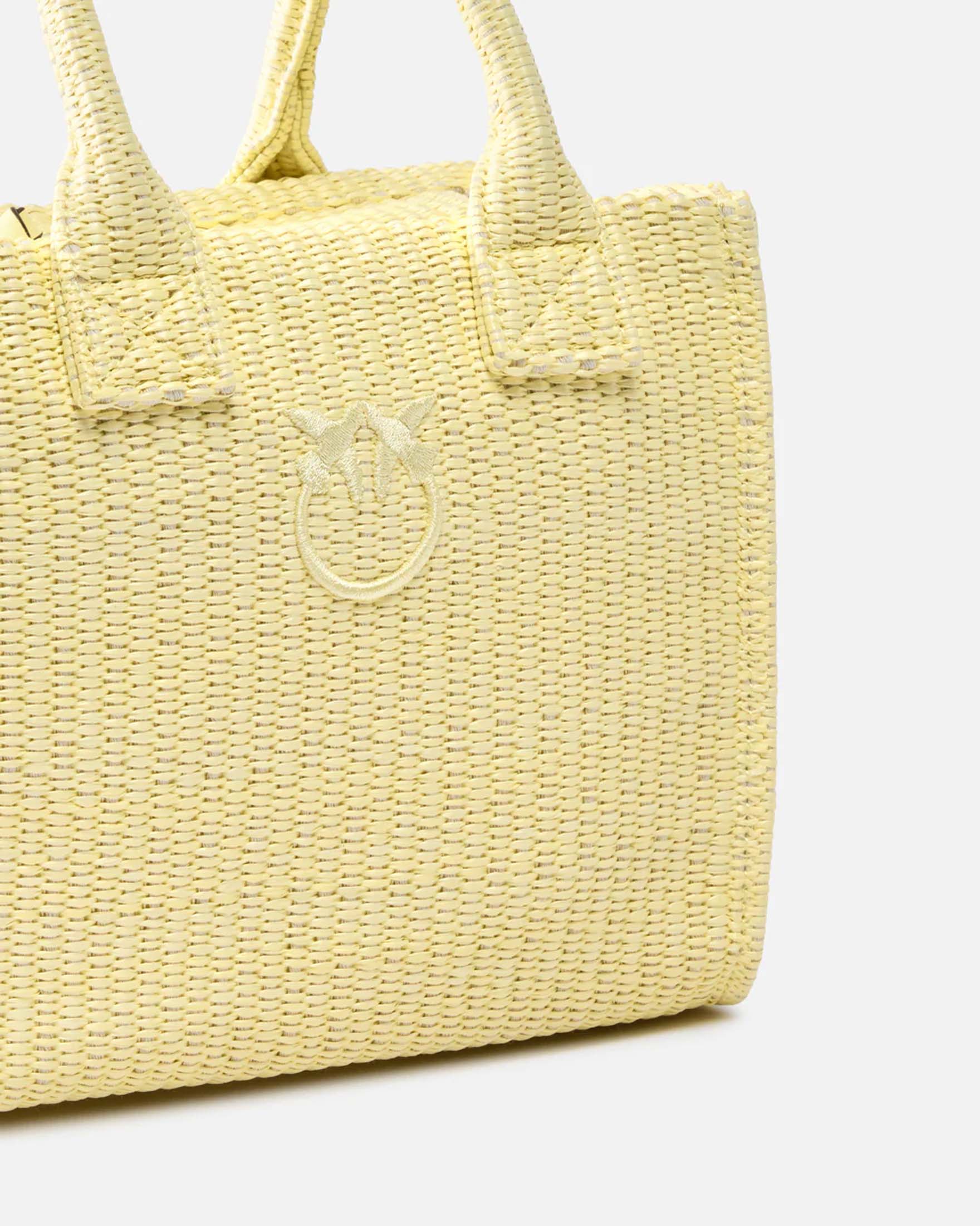 Mini shopper Beach Pinko in rafia intrecciata naturale con logo Love Birds e chiusura zip image