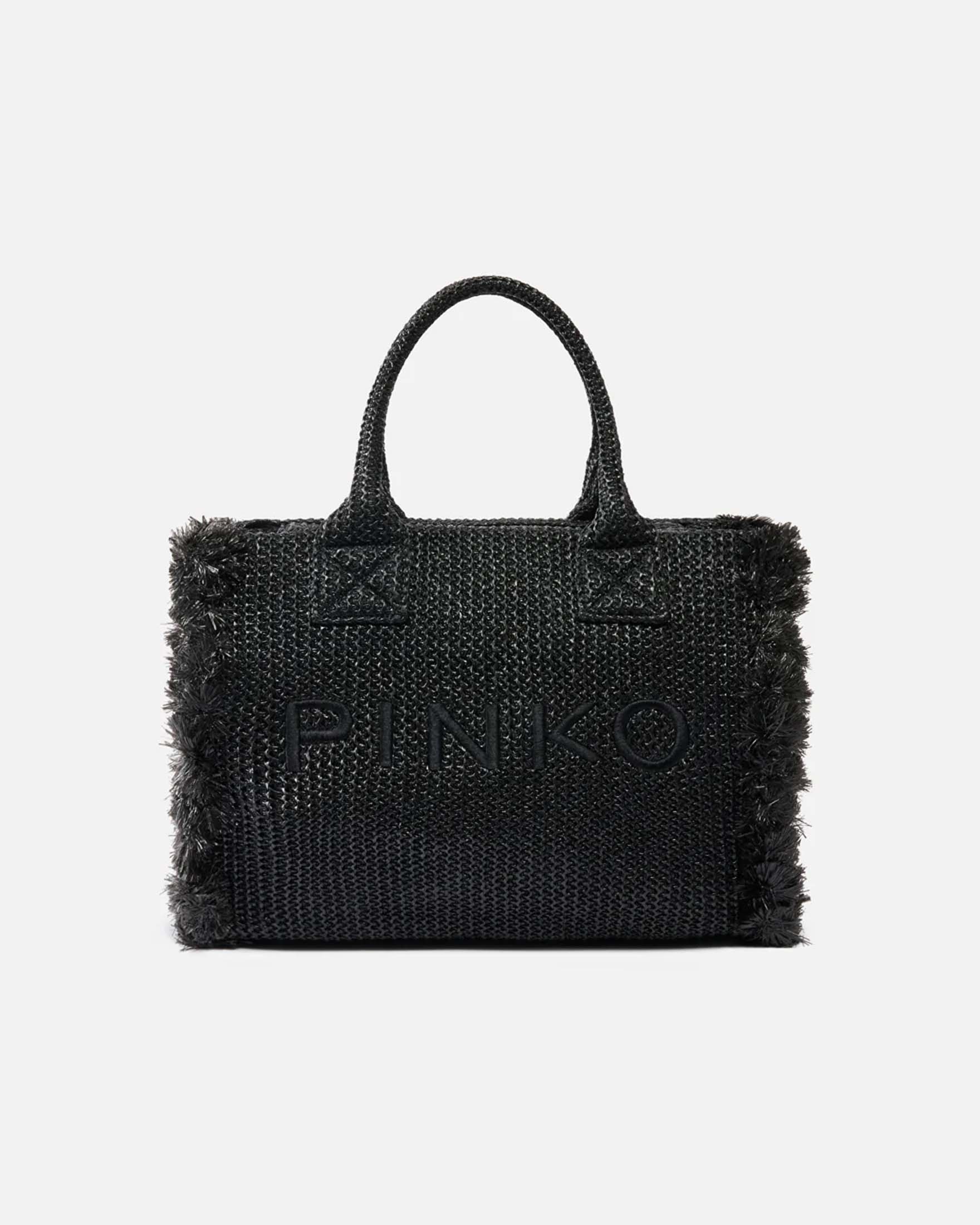 Shopper bag media Beach Pinko beige in rafia con nappine