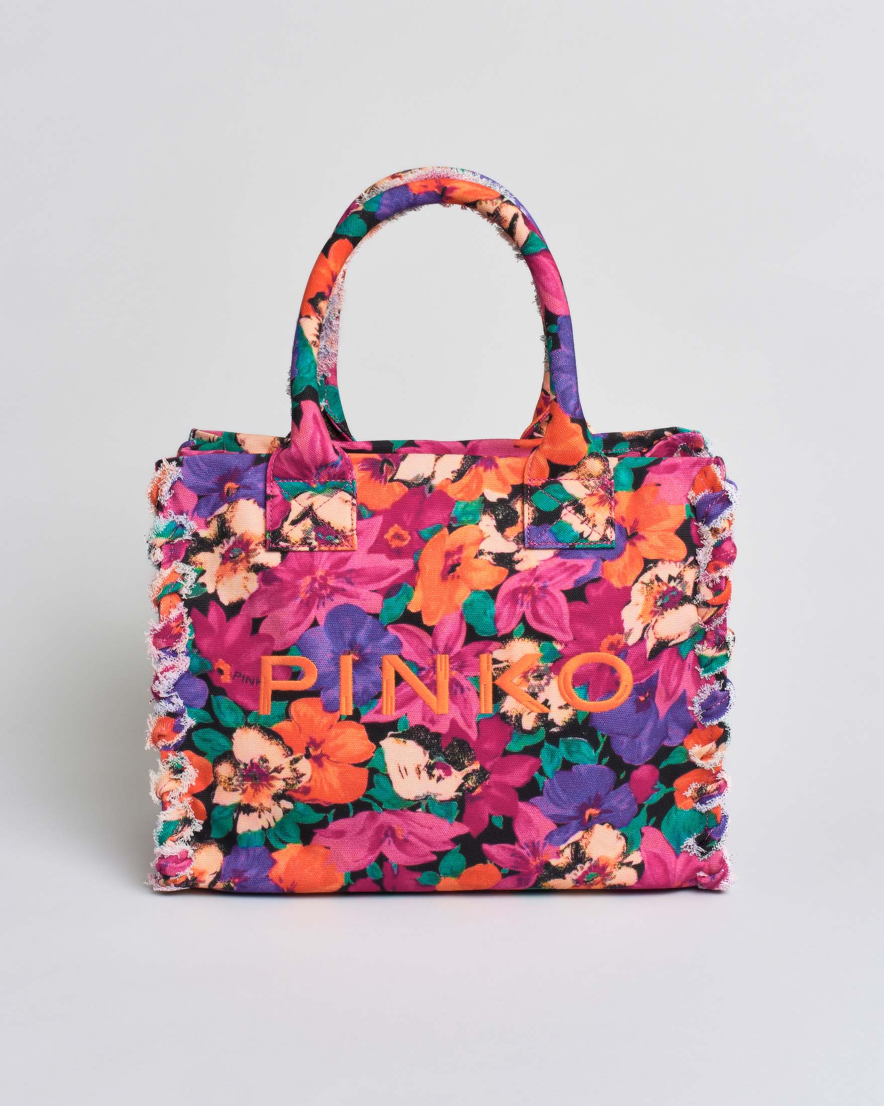 Borsa tote Pinko in canvas con fantasia floreale all over multicolor e logo ricamato