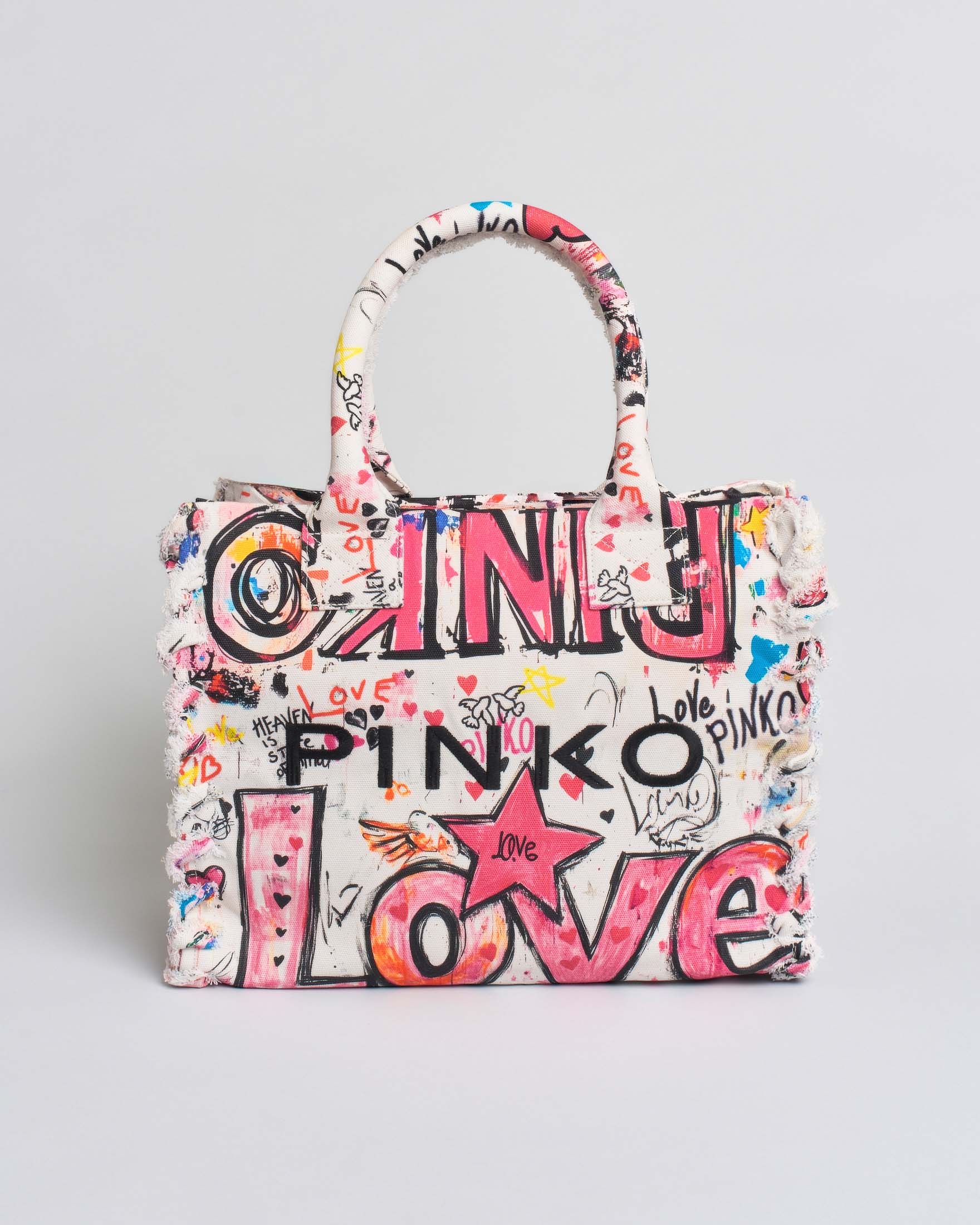Borsa tote Pinko in canvas bianca con fantasia graffiti all over multicolor e logo ricamato
