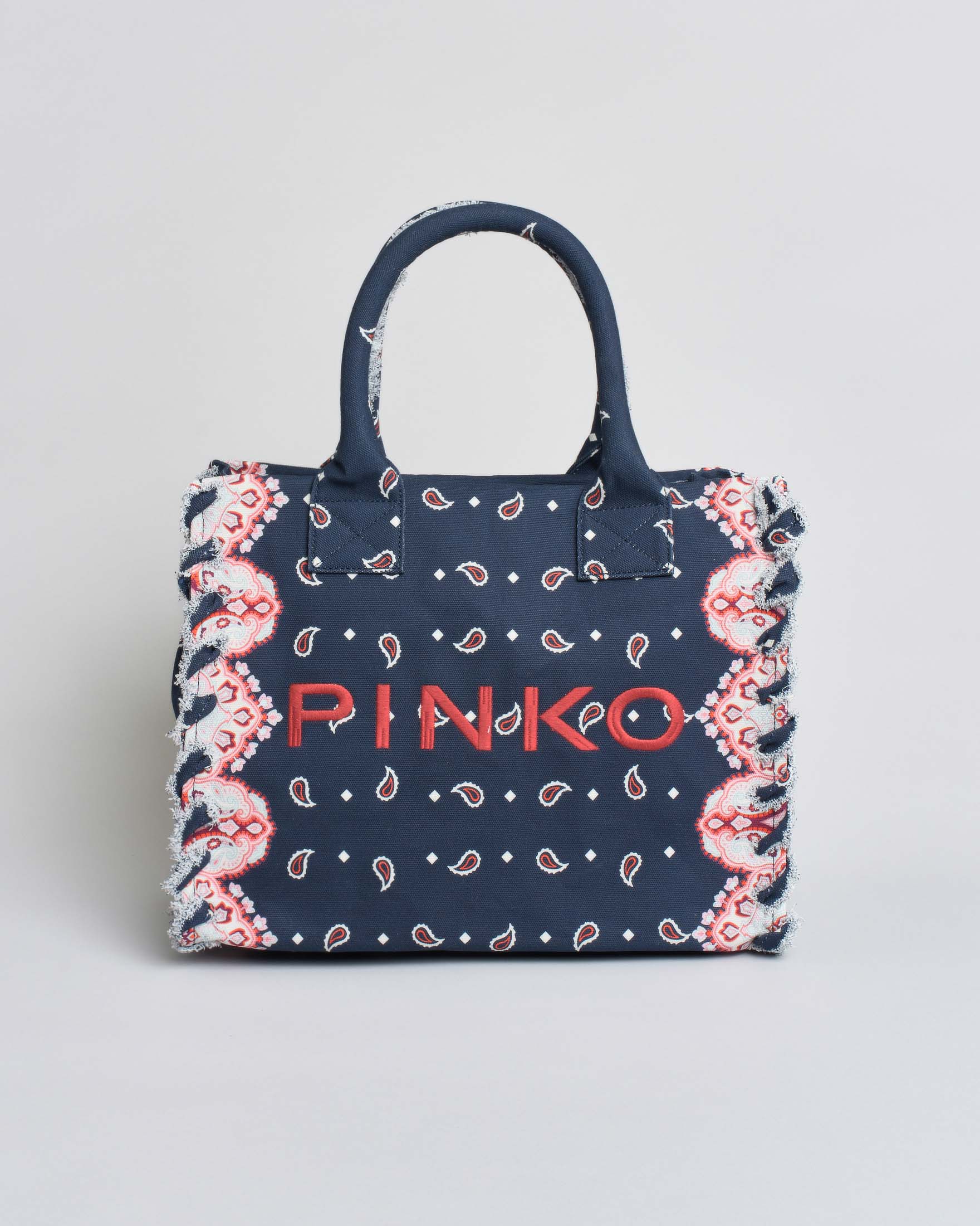 Borsa tote Pinko in canvas blu a fantasia paisley all over bianca e rossa con logo ricamato