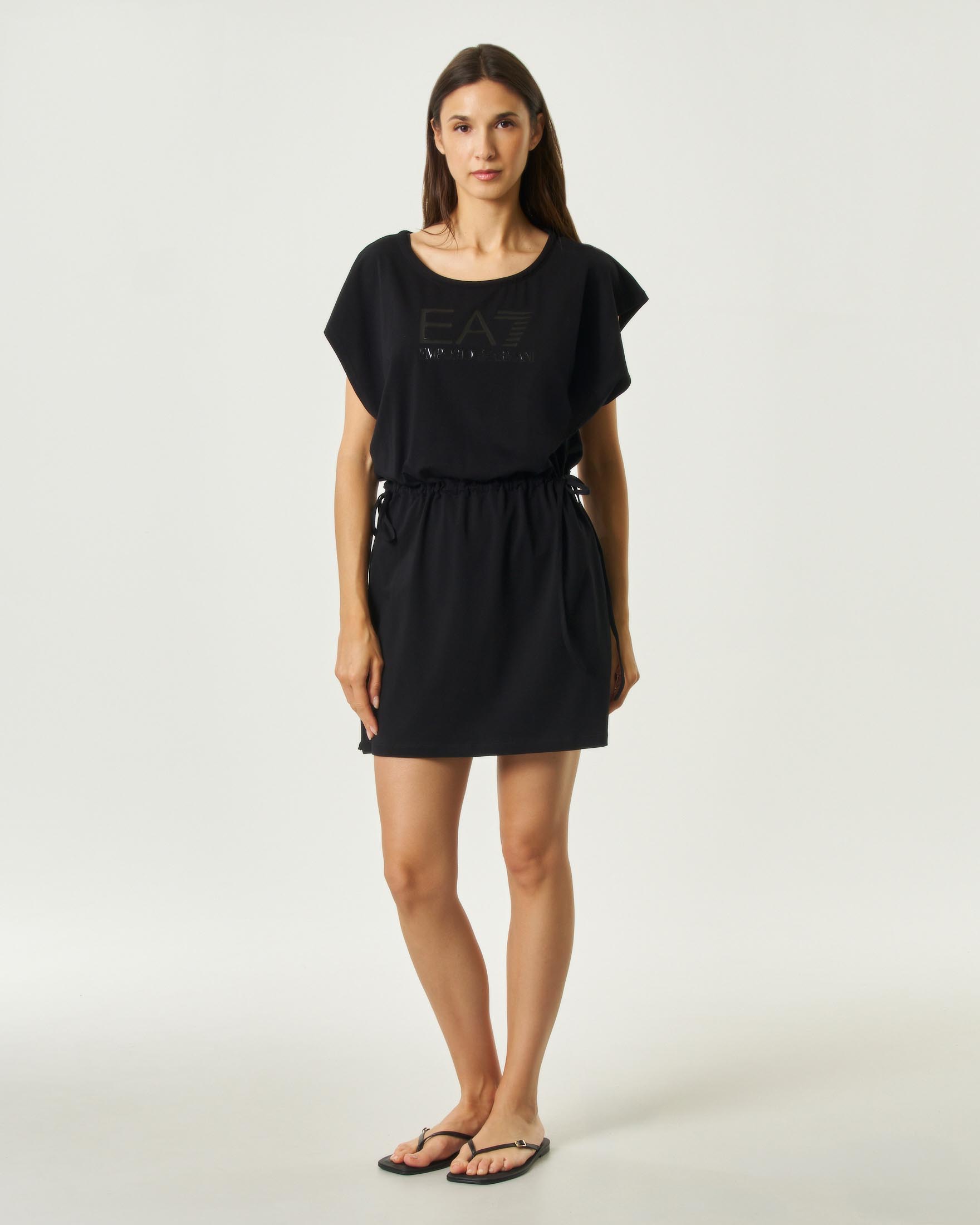Abito t-shirt EA7 Mare nero in cotone con coulisse in vita regolabile