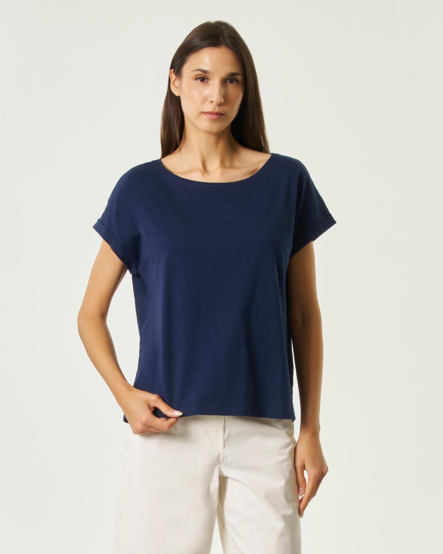 T-shirt Woolrich blu in jersey di cotone con scollo rotondo e maniche ad aletta con risvolto